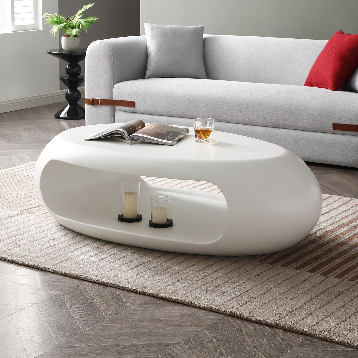 53.93" Oval Coffee Table, Sturdy Fiberglass Table For Living Room, White, No Need Assembly White Fiberglass