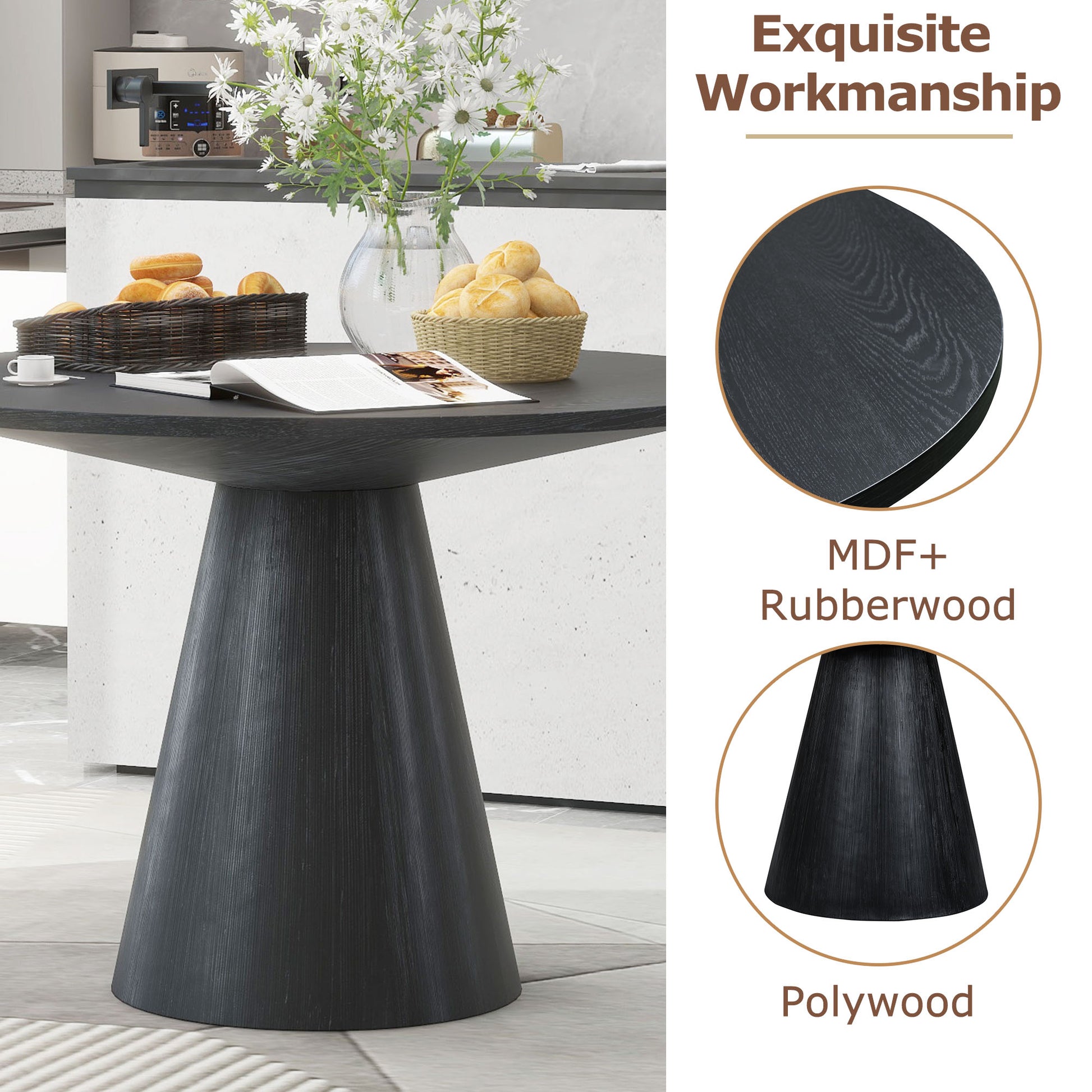 Retro Round Dining Table Minimalist Elegant Table For Living Room, Dining Room Black Black Rubber Wood