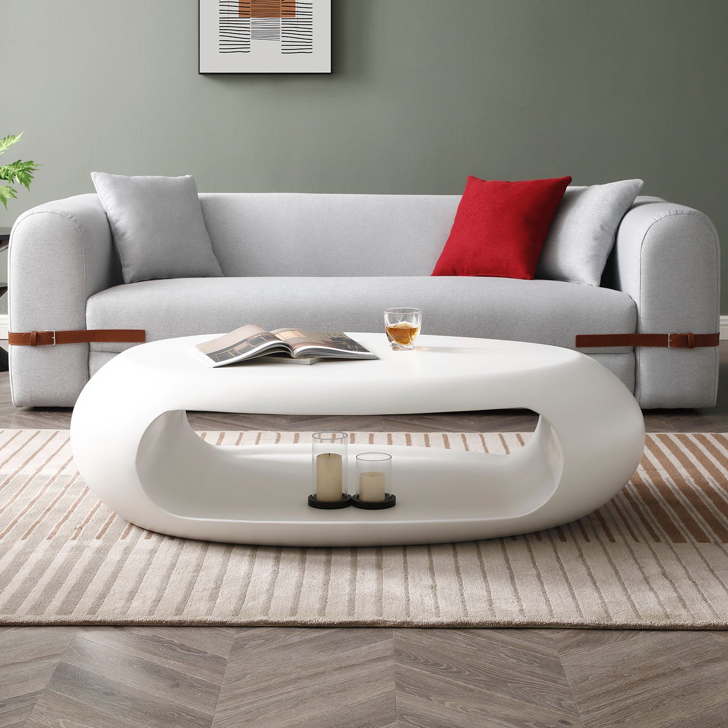 53.93" Oval Coffee Table, Sturdy Fiberglass Table For Living Room, White, No Need Assembly White Fiberglass