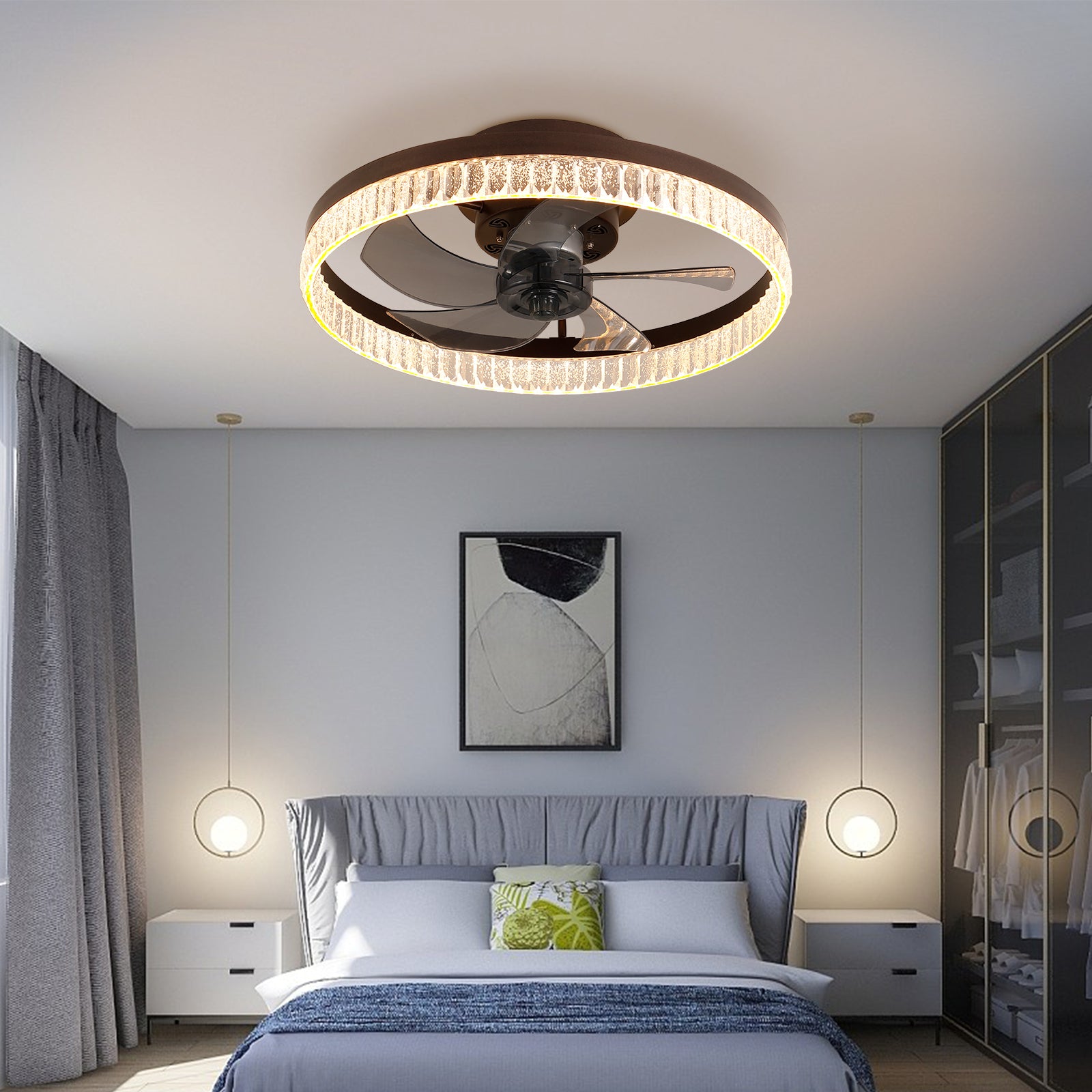 Ceiling Fans With Lights, Minimalist Ring Led Chandelier Fan With Remote Control Modern Ceiling Lamp For Bedroom Nursery Living Room Brown Iron