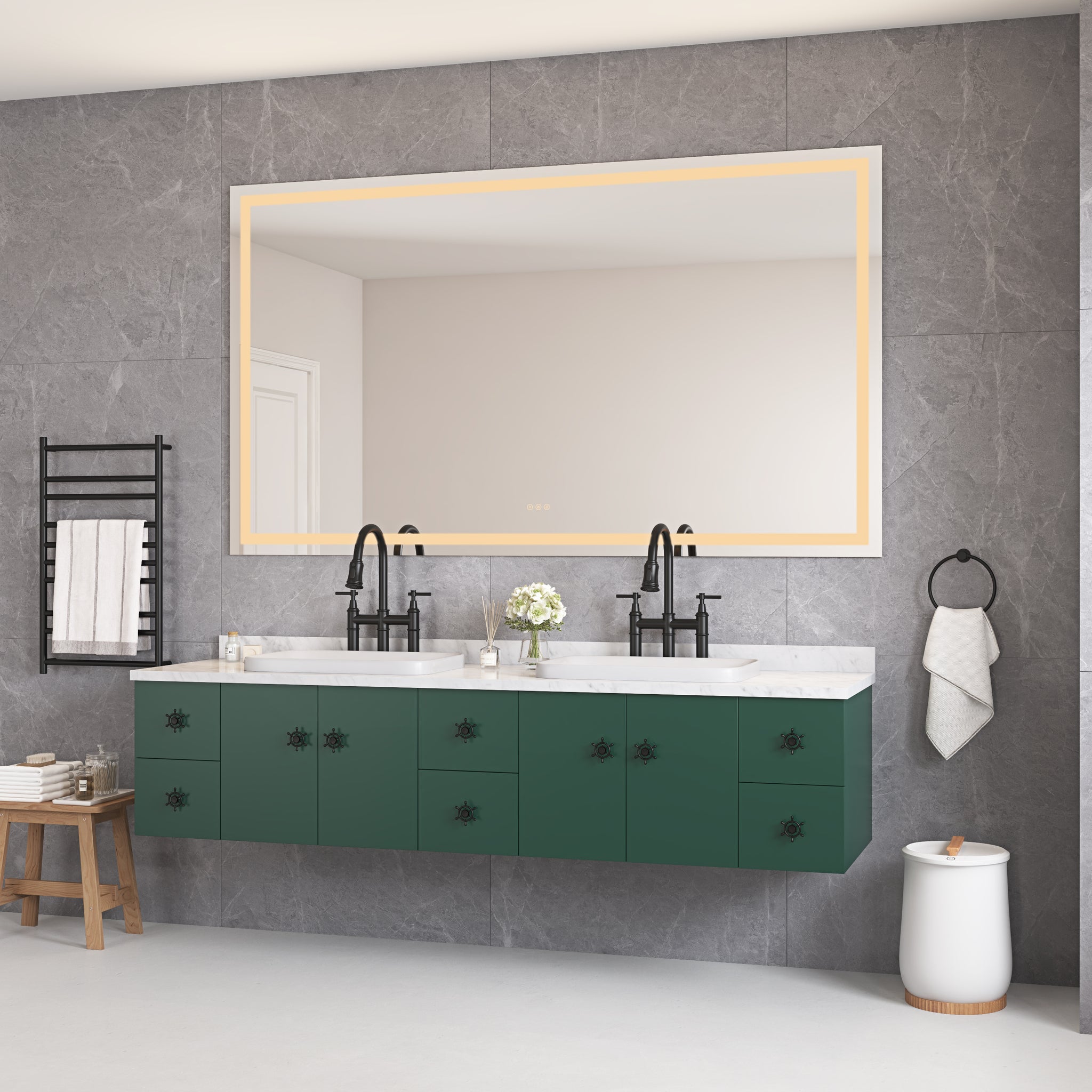 Bathroom Led Mirror Is Multi Functional And Each Function Is Controlled By A Smart Touch Button. White Aluminium