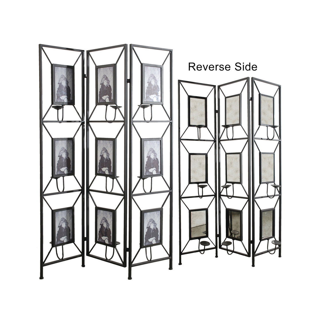 47X71" Room Photo Frames Screen Divider Screens, 3 Panel Decorative Screen With Photo Frames, Antique Mirror, Candle Stick Black Metal