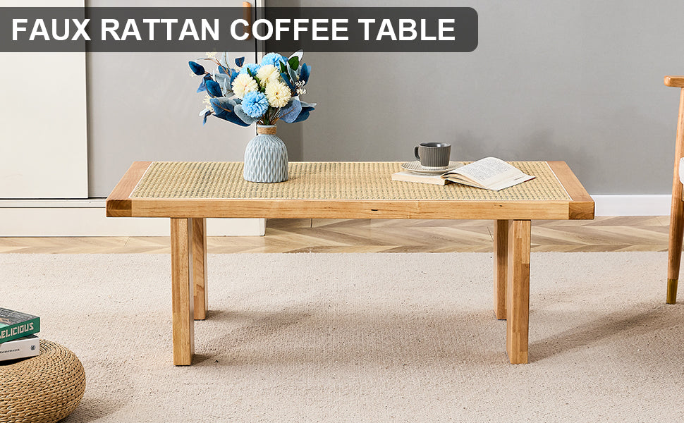 Modern And Minimalist Rectangular Rattan Tabletop With Rubber Wooden Legs, Imitation Rattan Woven Chinese Side Table, Suitable For Small Rectangular Tables In Living Rooms, Dining Rooms, And Bedrooms Natural Wood Solid Wood