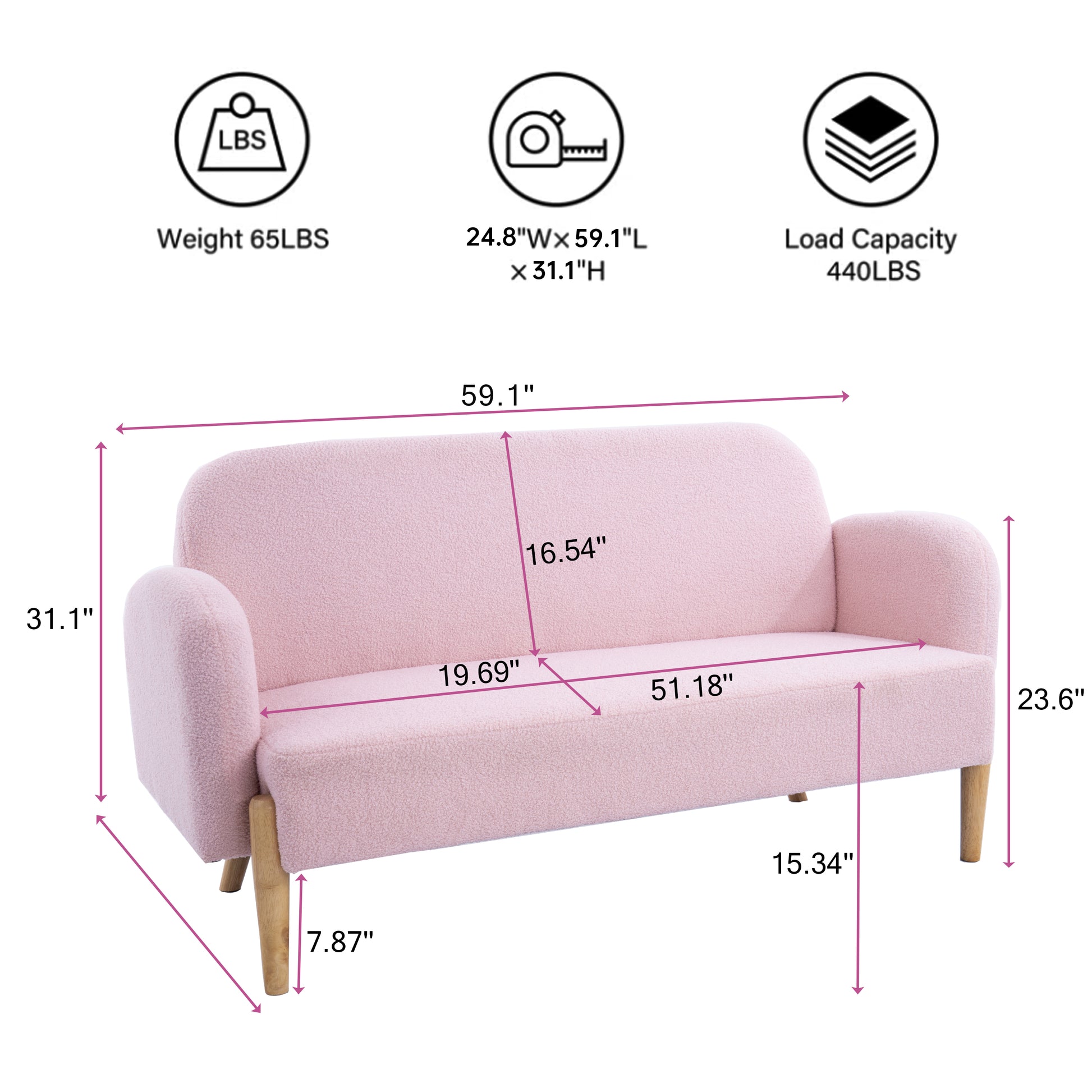 59.1" Teddy Velvet Pink Two Seater Sofa With Three Lumbar Pillows Pink Wood Primary Living Space Eucalyptus Square Arms Foam Teddy 2 Seat