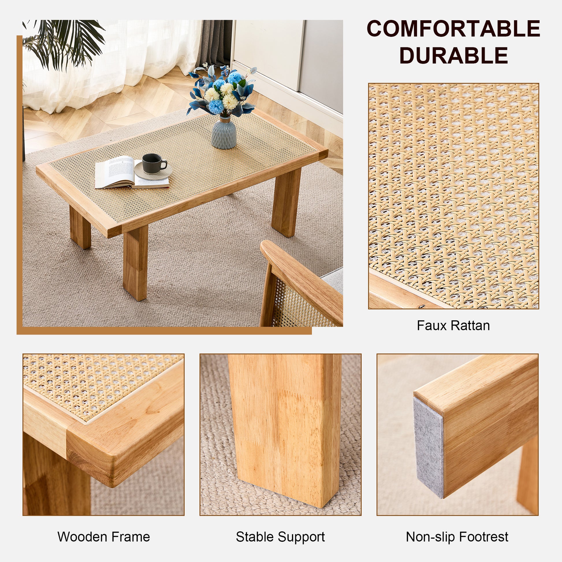 Modern And Minimalist Rectangular Rattan Tabletop With Rubber Wooden Legs, Imitation Rattan Woven Chinese Side Table, Suitable For Small Rectangular Tables In Living Rooms, Dining Rooms, And Bedrooms Natural Wood Solid Wood