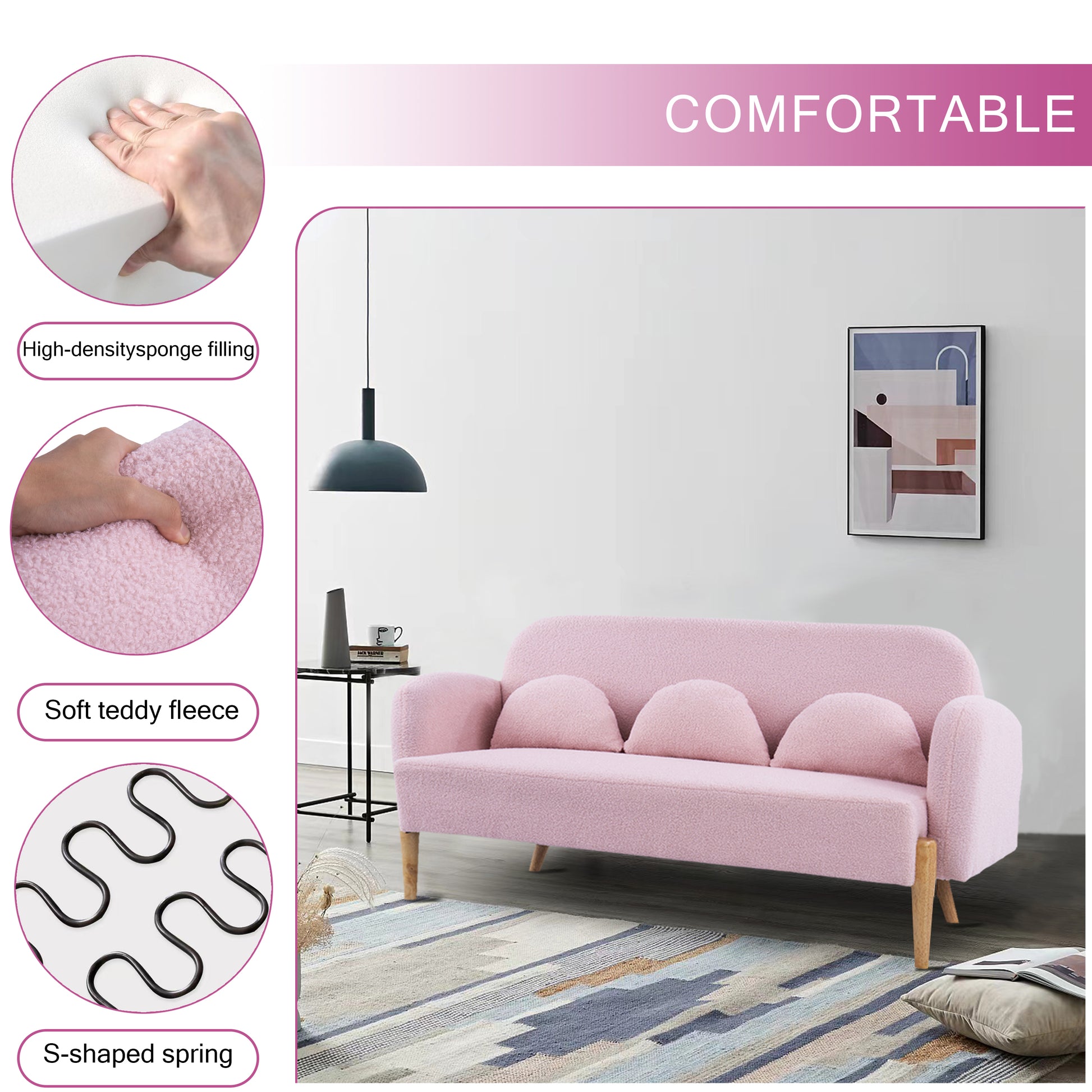 59.1" Teddy Velvet Pink Two Seater Sofa With Three Lumbar Pillows Pink Wood Primary Living Space Eucalyptus Square Arms Foam Teddy 2 Seat