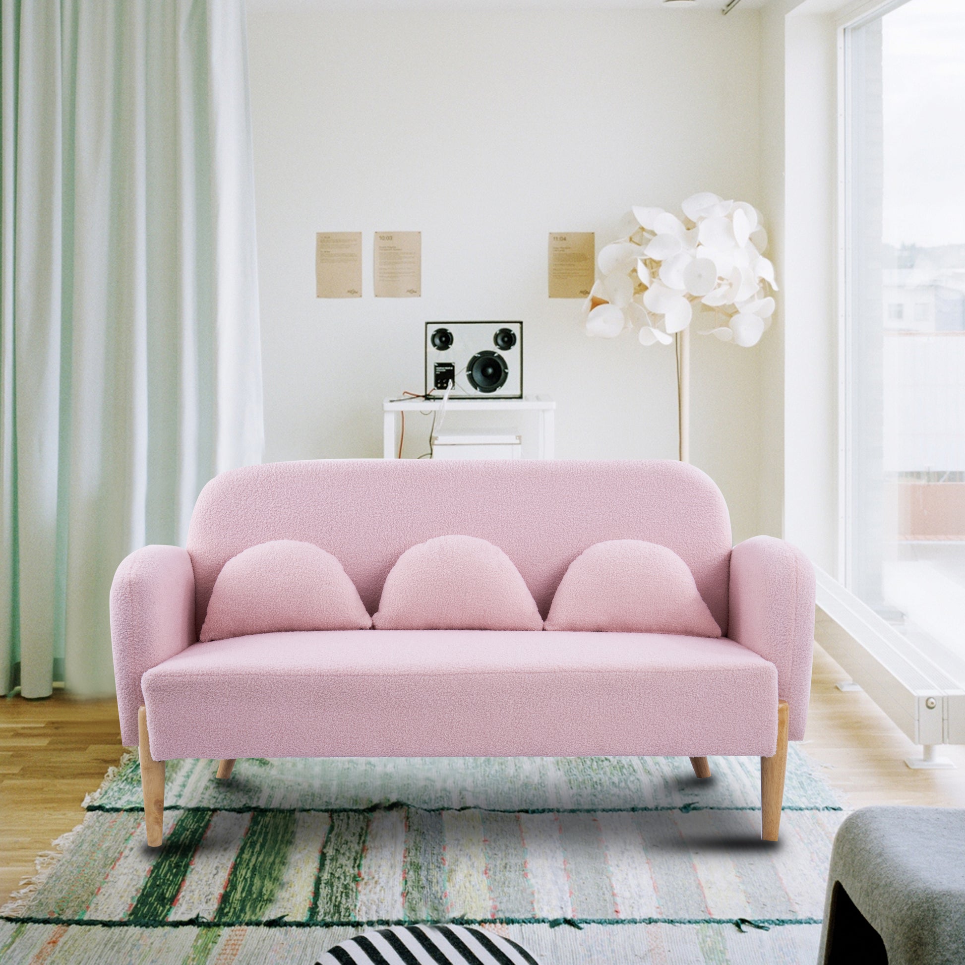 59.1" Teddy Velvet Pink Two Seater Sofa With Three Lumbar Pillows Pink Wood Primary Living Space Eucalyptus Square Arms Foam Teddy 2 Seat