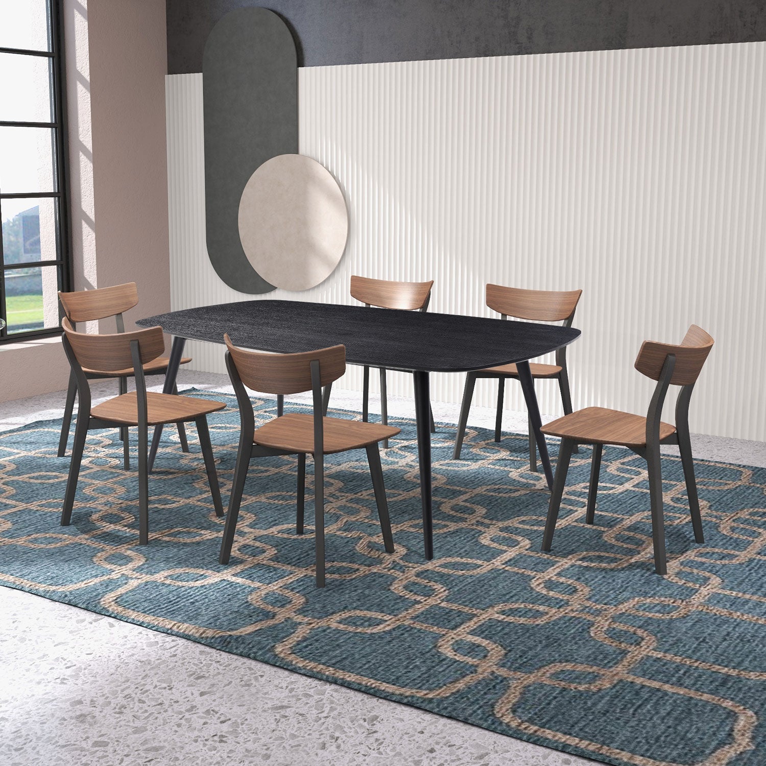 70.87Inch Rectangular Dining Table Black Oak Finished Ash Veneer Top 8 Persons Matt Black Foam Mdf