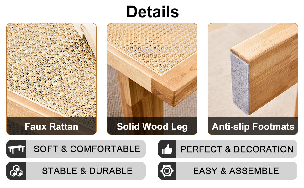 Modern And Minimalist Rectangular Rattan Tabletop With Rubber Wooden Legs, Imitation Rattan Woven Chinese Side Table, Suitable For Small Rectangular Tables In Living Rooms, Dining Rooms, And Bedrooms Natural Wood Solid Wood