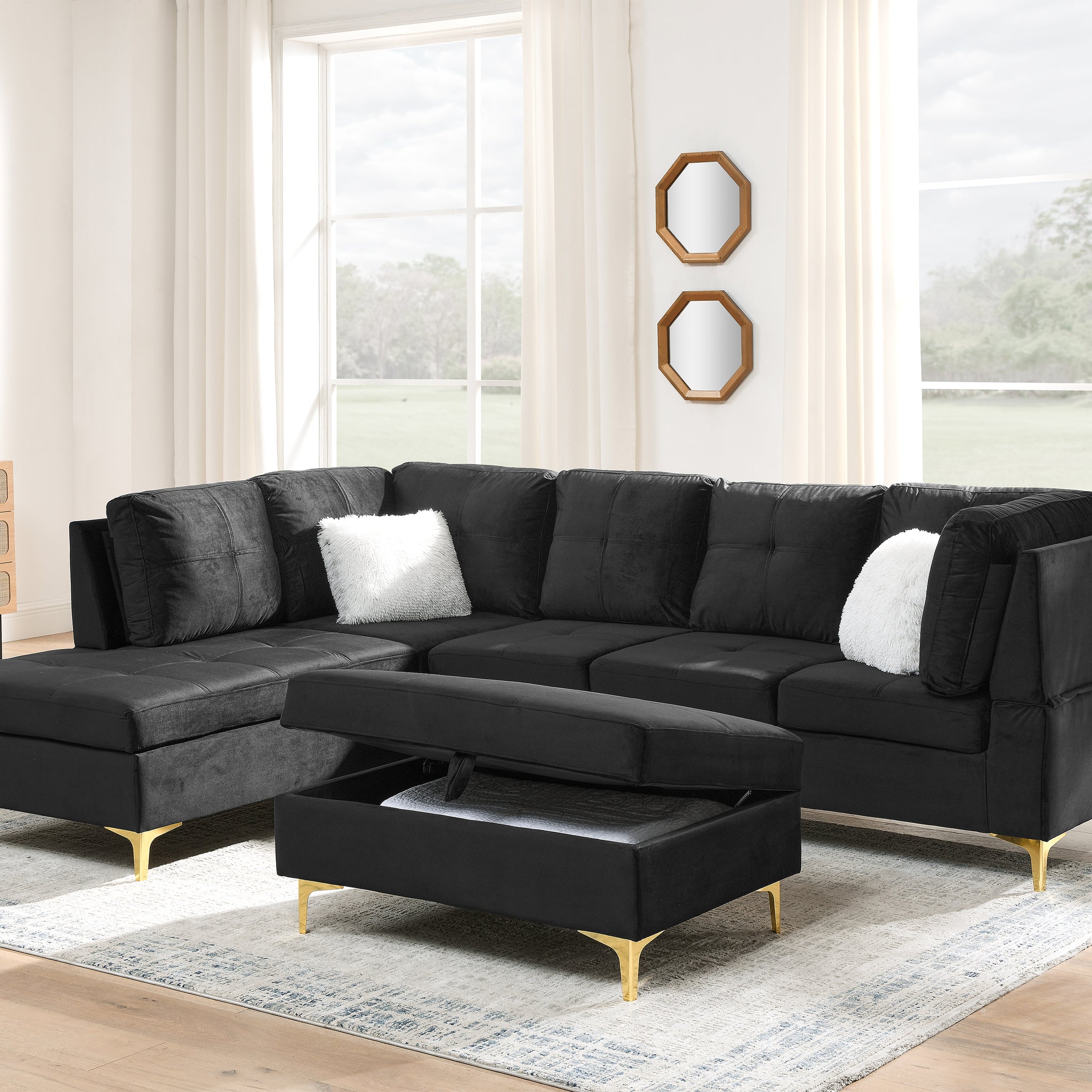 103" Velvet Sectional Sofa, L Shape Corner Couch With Storage Ottoman For Living Room, Black Fabric, Pocket Coil Spring In Seats, Chaise Face Left Black Velvet Wood Primary Living Space Medium Soft Pillow Back Classic L Shaped Pillow Top Arms Foam Velvet