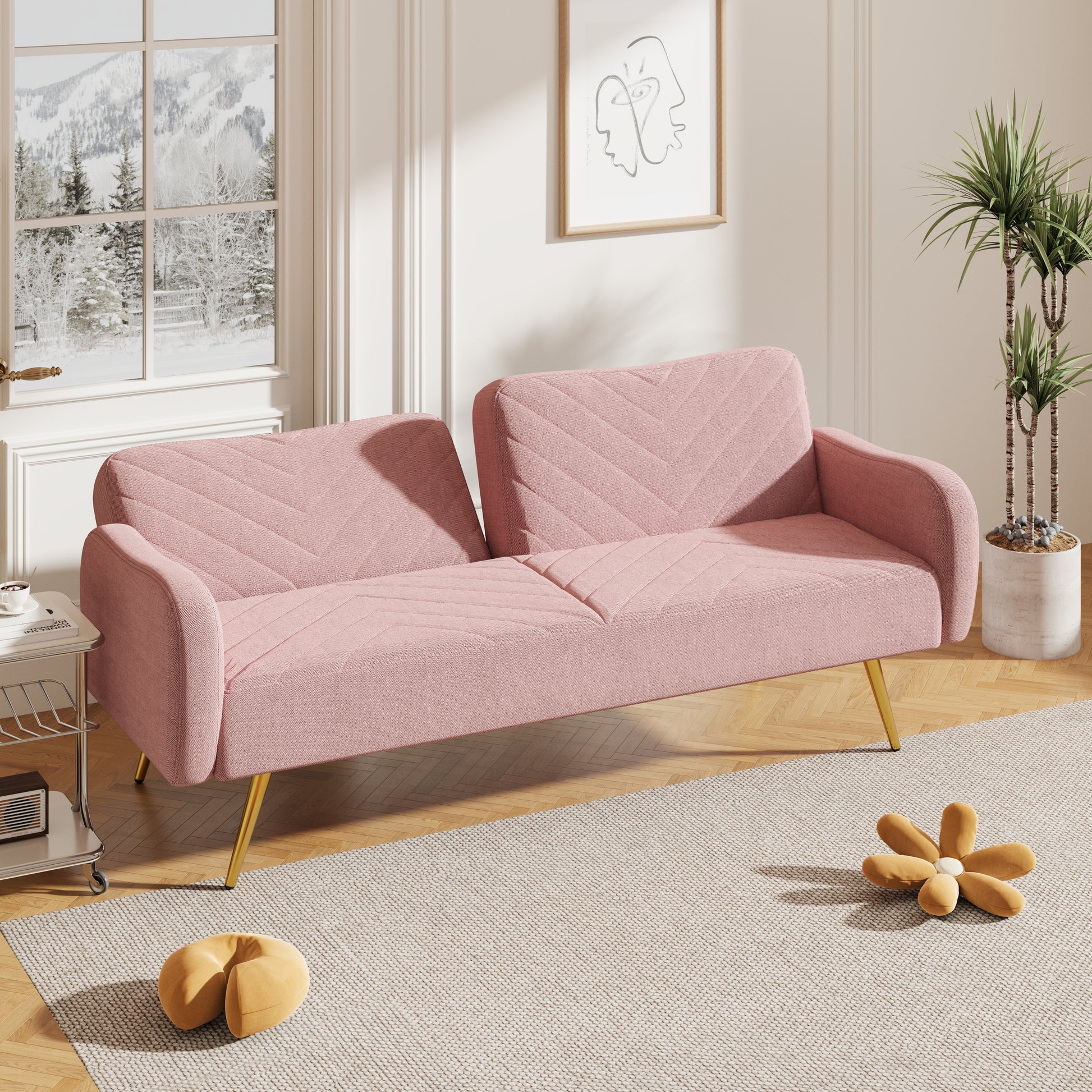70.47" Pink Fabric Double Sofa With Split Backrest And Two Throw Pillows,Suitable For Living Room, Apartment, Home Office Pink Wood Primary Living Space Eucalyptus Square Arms Foam Fabric 2 Seat