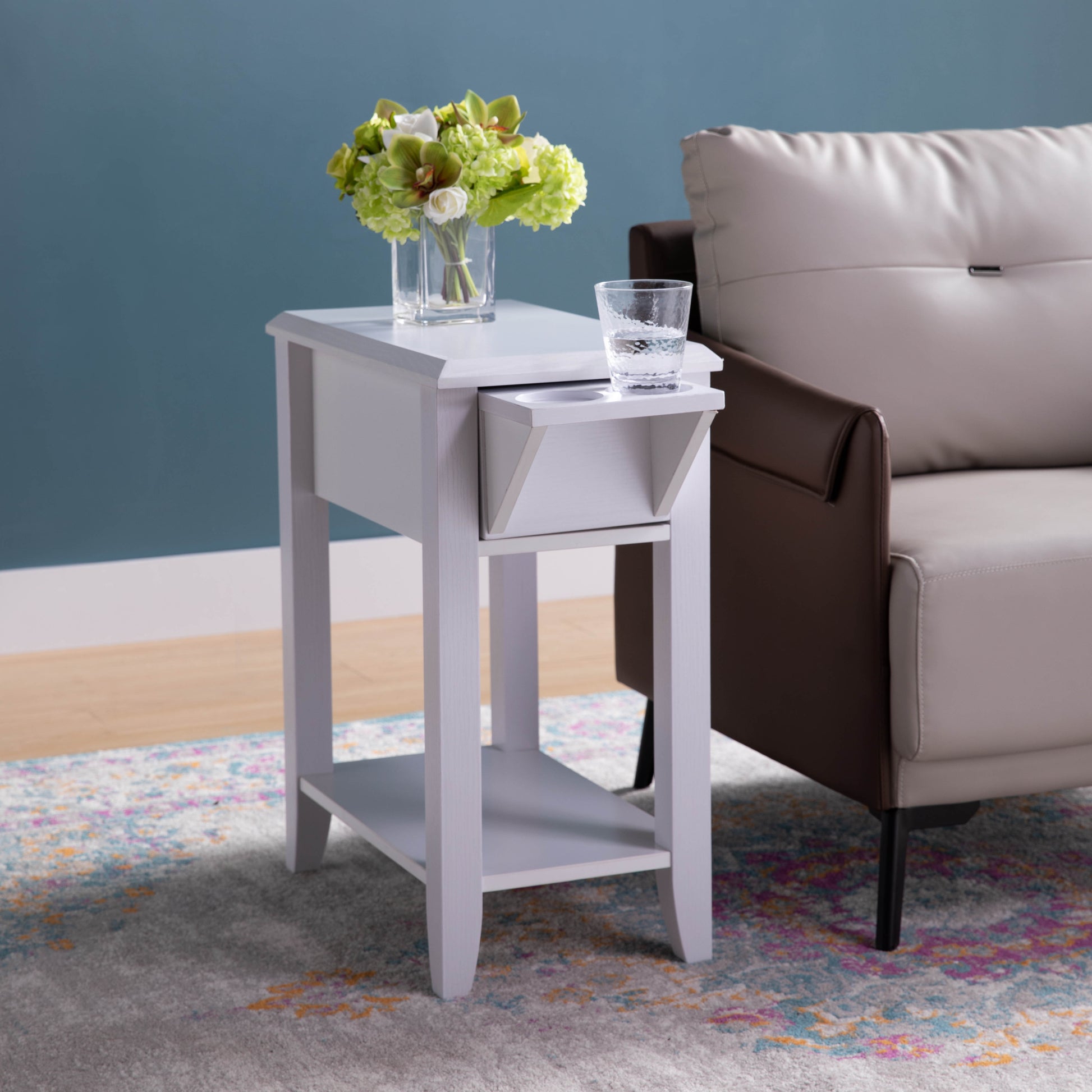 White Modern Chairside Table With Two Cup Holders, Display Accent Table White Particle Board