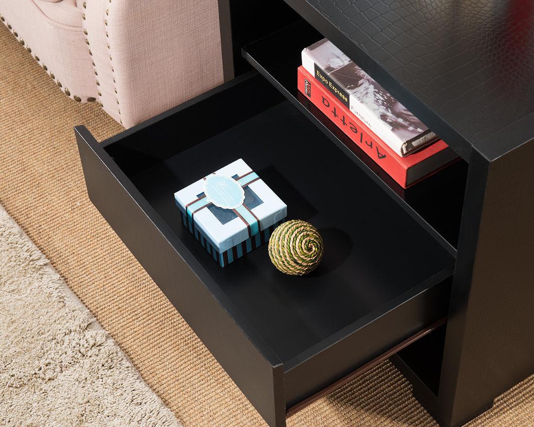 Accent Table, Sofa Side Table With Drawer And 2 Tier Shelves Black Black Particle Board