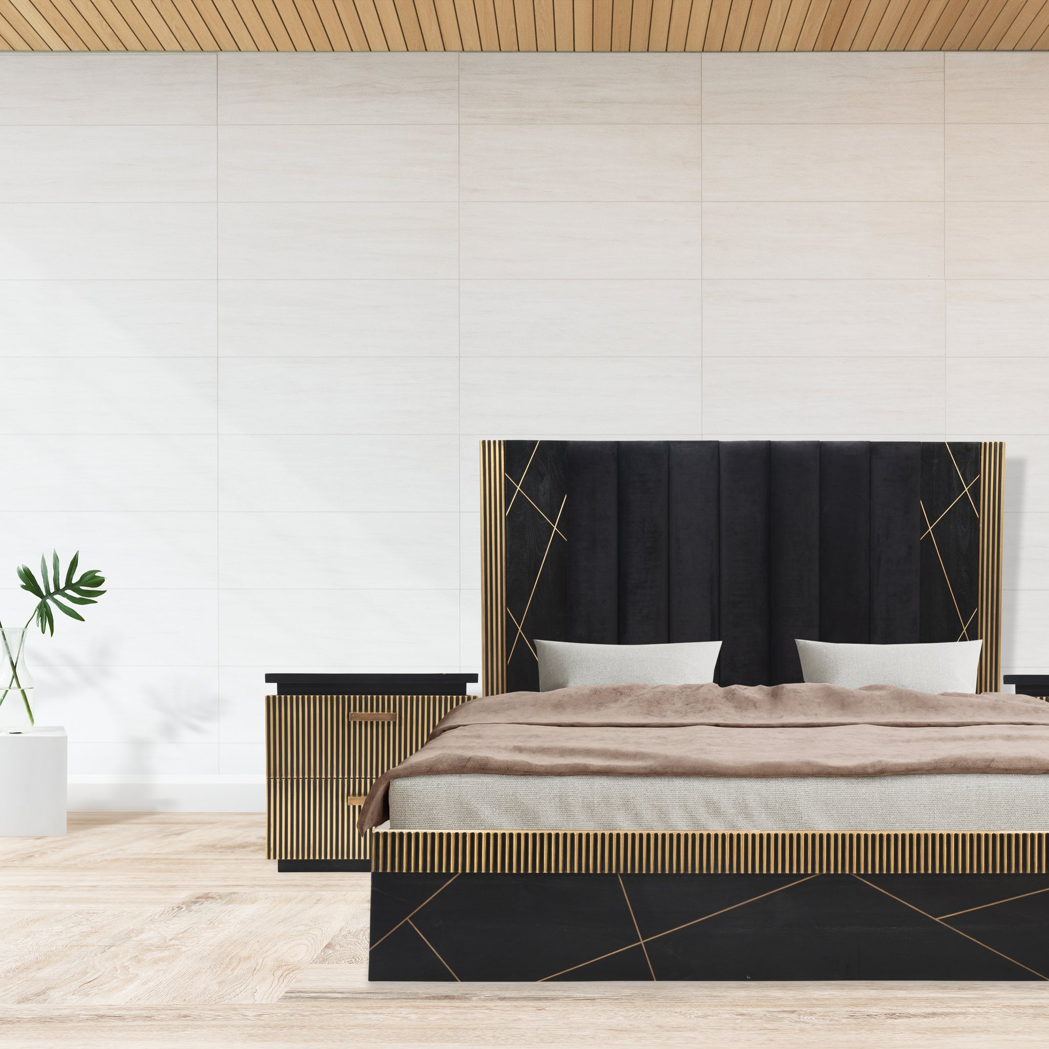 Allure Modern Style King Bed Made With Mango Wood And Finished With Brass Metal Box Spring Not Required King Black Wood Bedroom Contemporary,Modern Wood