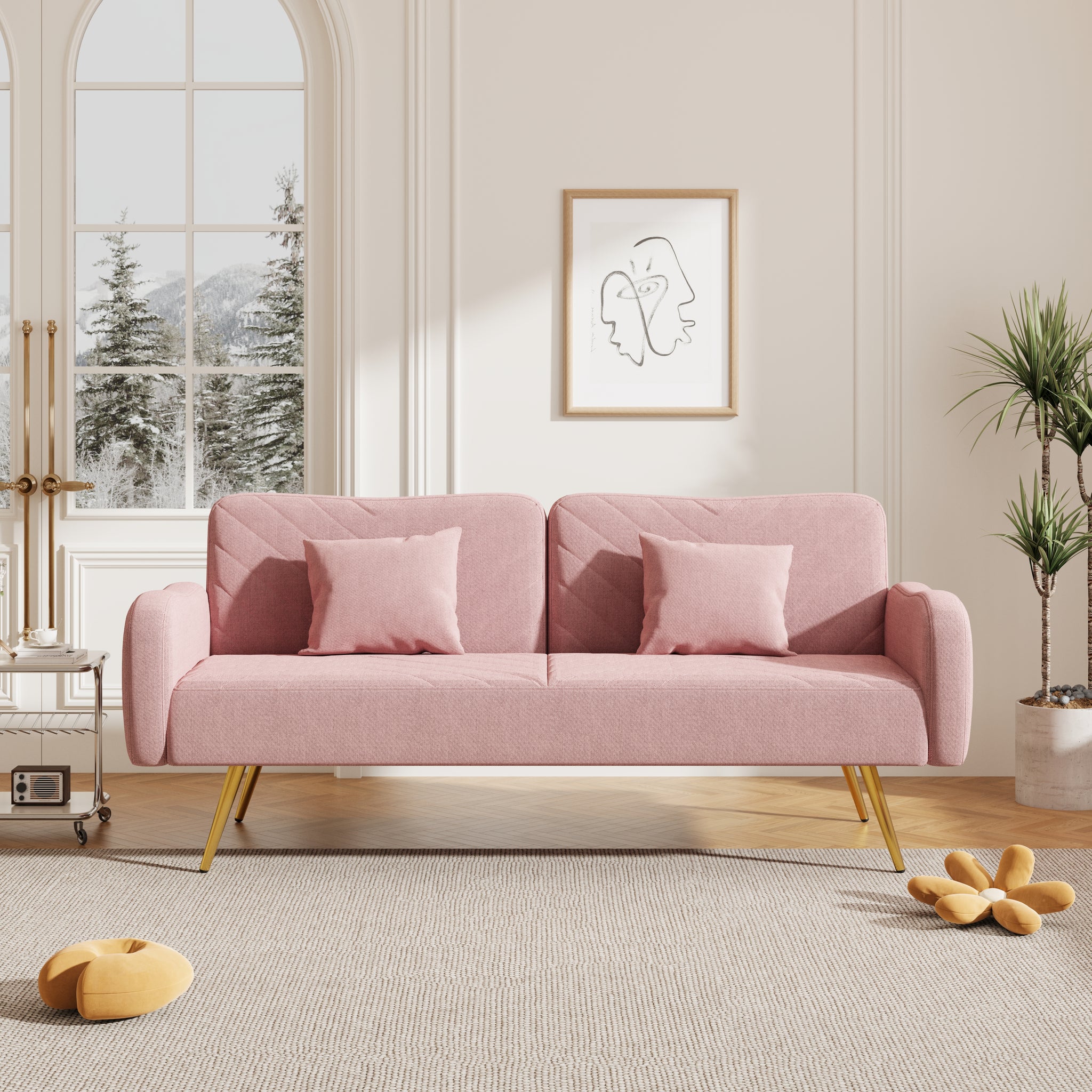 70.47" Pink Fabric Double Sofa With Split Backrest And Two Throw Pillows,Suitable For Living Room, Apartment, Home Office Pink Wood Primary Living Space Eucalyptus Square Arms Foam Fabric 2 Seat