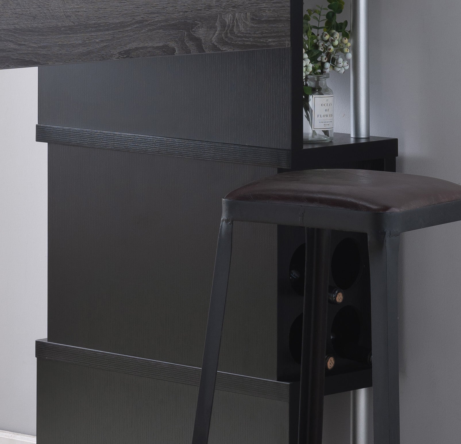 Home Bar Table With Wine Glass Compartment And Three Shelves In Distressed Grey & Black Grey Particle Board