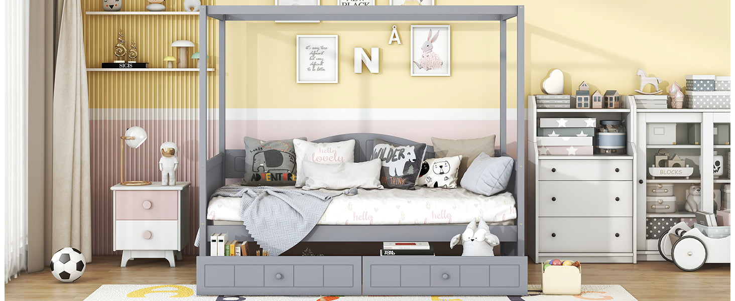 Twin Size Canopy Day Bed With 2 Drawers, Gray Gray Solid Wood Mdf