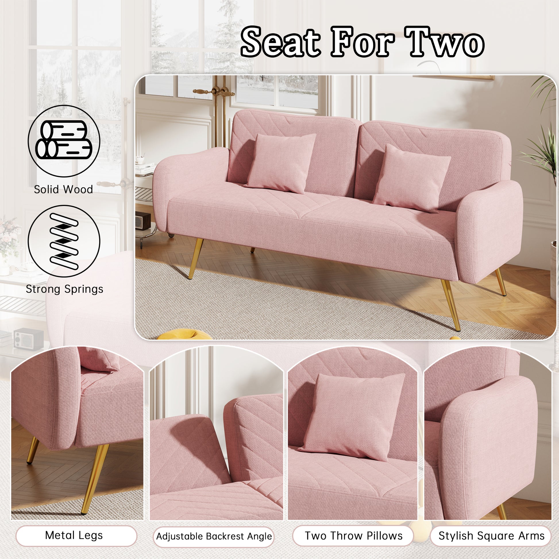70.47" Pink Fabric Double Sofa With Split Backrest And Two Throw Pillows,Suitable For Living Room, Apartment, Home Office Pink Wood Primary Living Space Eucalyptus Square Arms Foam Fabric 2 Seat