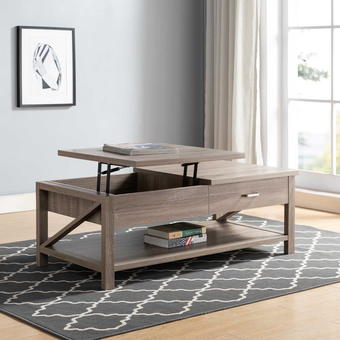 Modern Livingroom Coffee Table With Lift Top With Spacious Bottom Shelf, Dark Taupe Taupe Particle Board