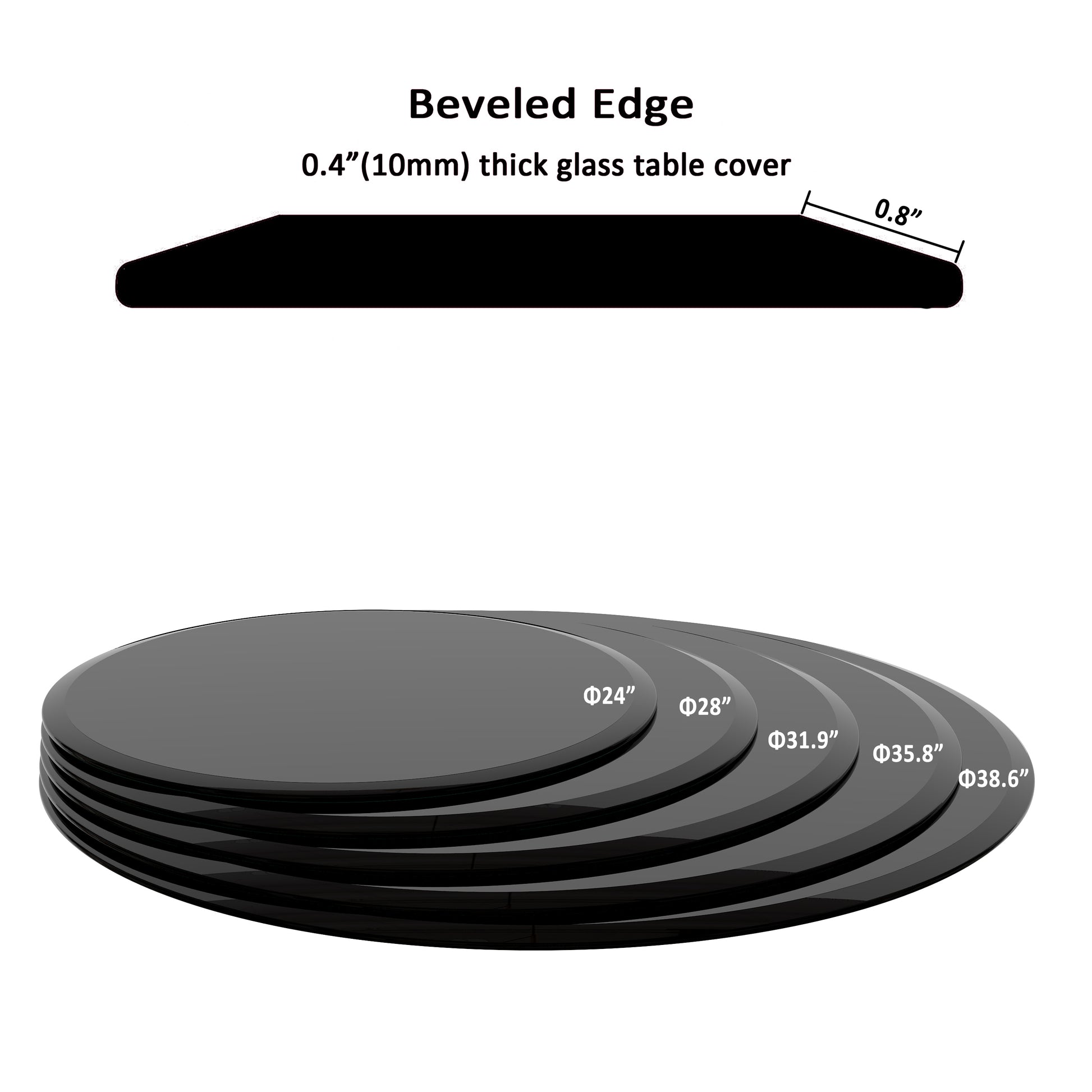 32" Inch Round Tempered Glass Table Top Black Glass 2 5 Inch Thick Beveled Polished Edge Black Tempered Glass