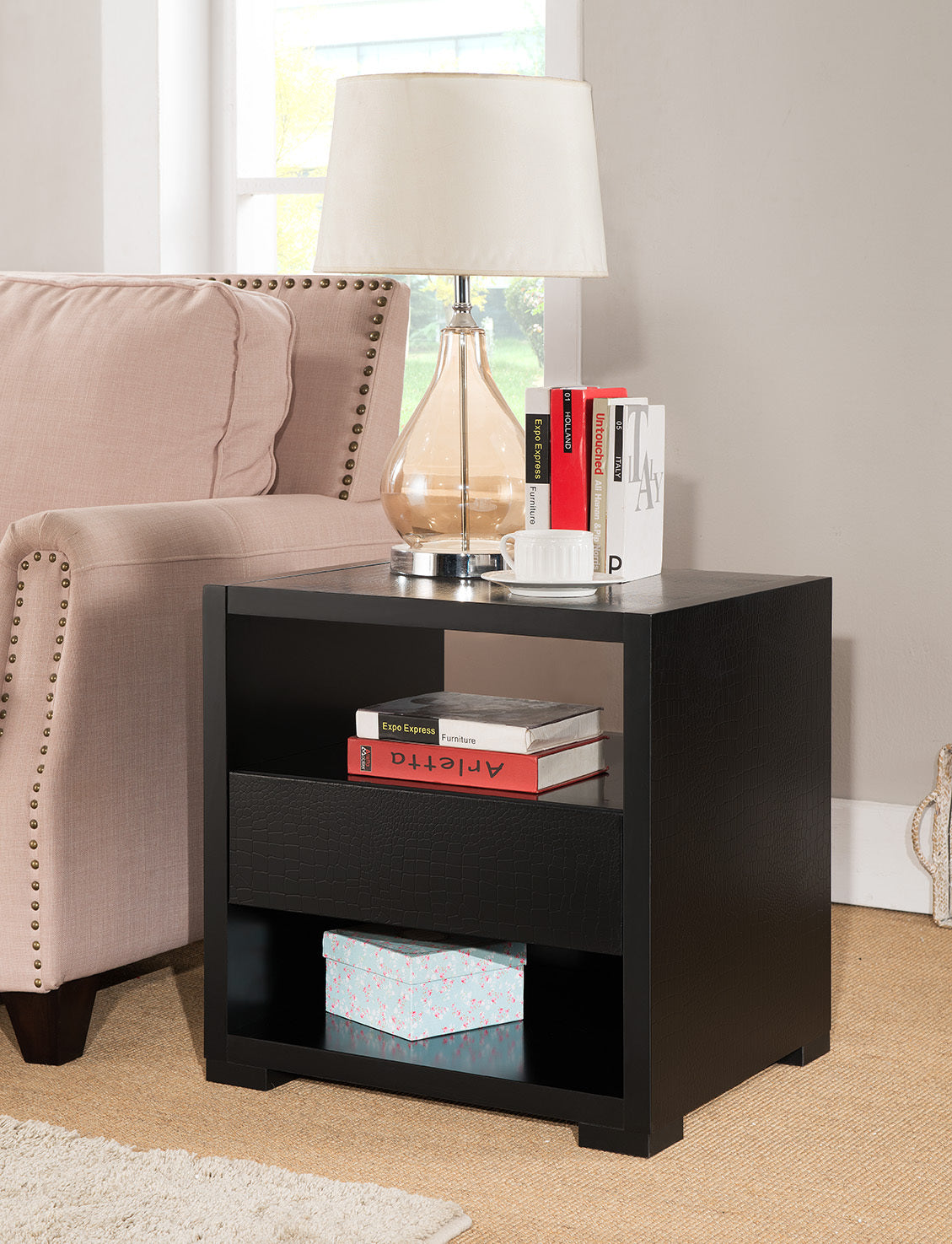 Accent Table, Sofa Side Table With Drawer And 2 Tier Shelves Black Black Particle Board