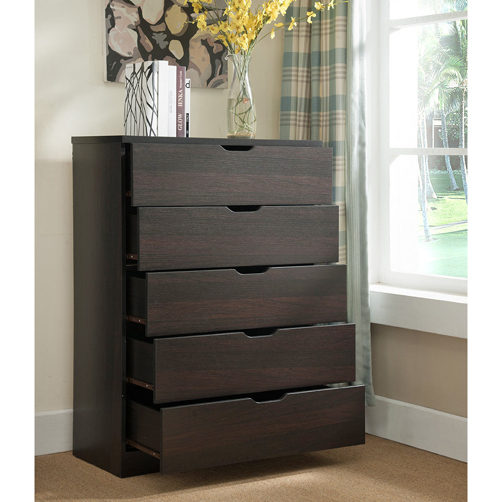 Five Drawer Clothes And Storage Chest Cabinet In Red Cocoa Chocolate Faux Wood Grain And Metal Glides Chocolate Particle Board Mdf