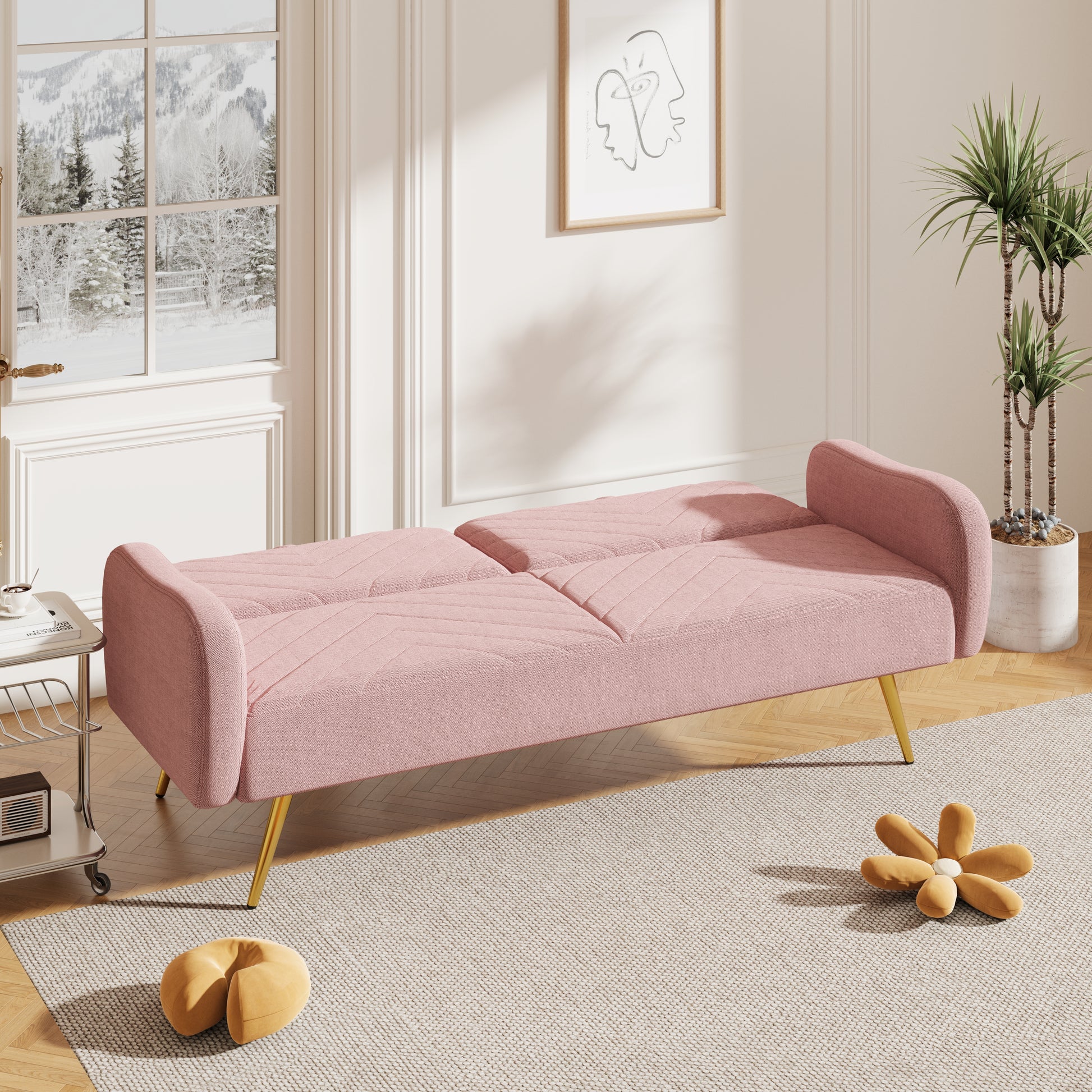 70.47" Pink Fabric Double Sofa With Split Backrest And Two Throw Pillows,Suitable For Living Room, Apartment, Home Office Pink Wood Primary Living Space Eucalyptus Square Arms Foam Fabric 2 Seat
