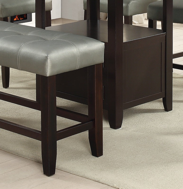 Dining Room Furniture 6Pc Counter Height Dining Set Dining Table W Storage 4X High Chairs 1X Bench Silver Faux Leather Tufted Seats Faux Marble Table Top Silver Seats 6 Espresso Dining Room 60 Inches Bench Seating Classic,Contemporary,Transitional Birch