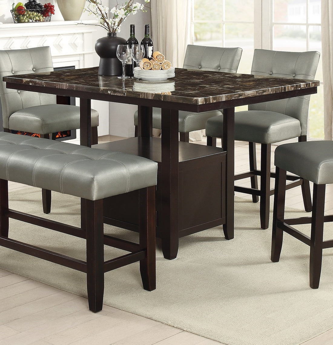 Dining Room Furniture 6Pc Counter Height Dining Set Dining Table W Storage 4X High Chairs 1X Bench Silver Faux Leather Tufted Seats Faux Marble Table Top Silver Seats 6 Espresso Dining Room 60 Inches Bench Seating Classic,Contemporary,Transitional Birch