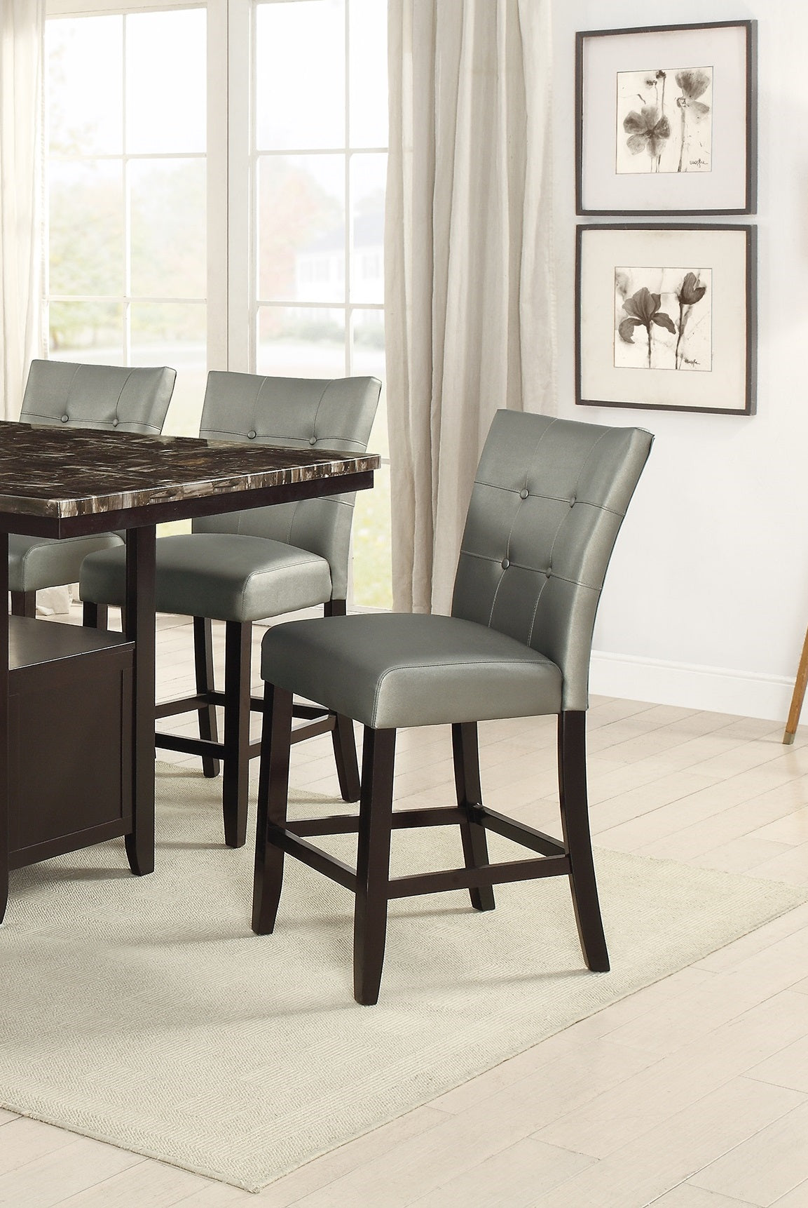 Dining Room Furniture 6Pc Counter Height Dining Set Dining Table W Storage 4X High Chairs 1X Bench Silver Faux Leather Tufted Seats Faux Marble Table Top Silver Seats 6 Espresso Dining Room 60 Inches Bench Seating Classic,Contemporary,Transitional Birch