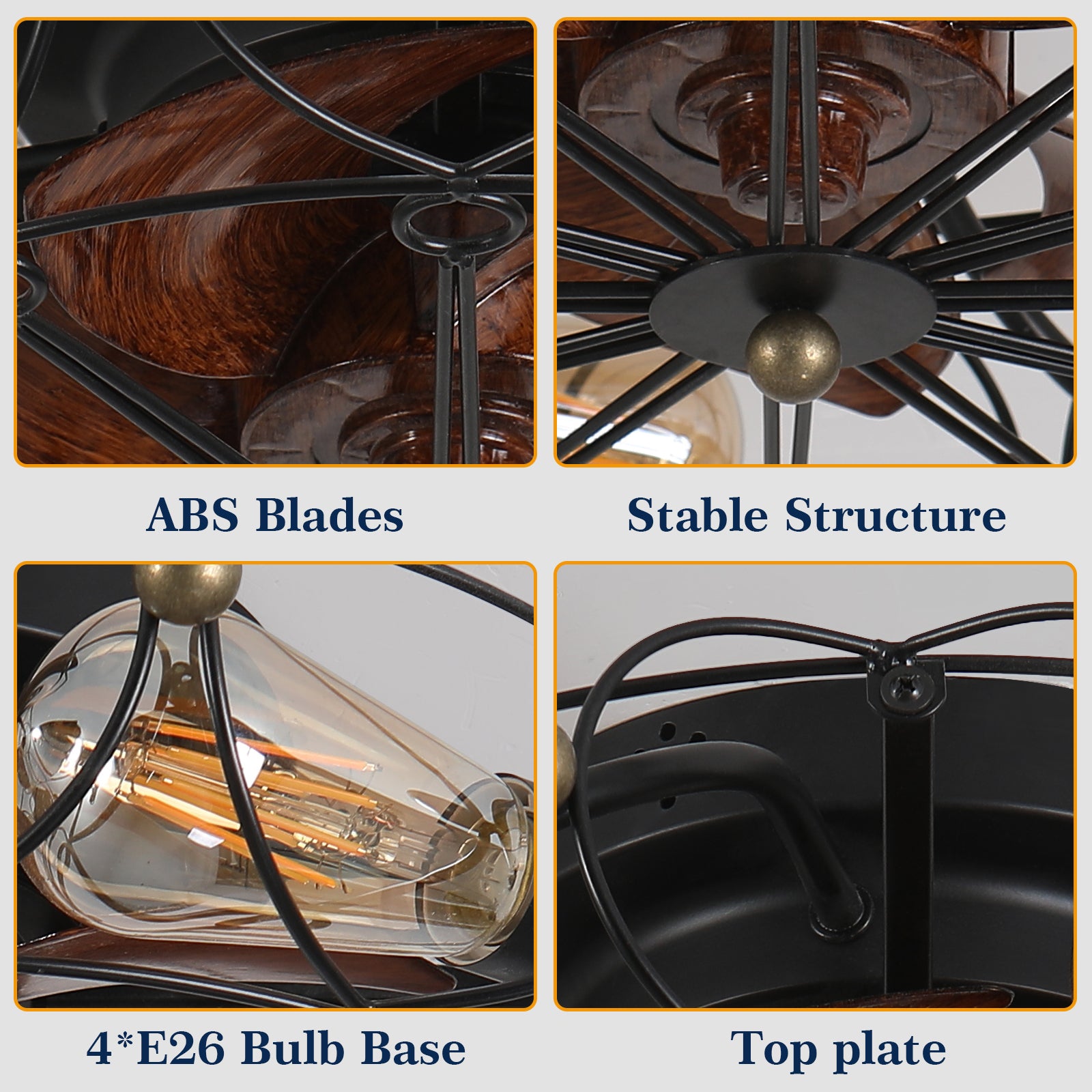 Low Profile Caged Ceiling Fan With Lights Remote Control, Embedded Modern Industrial Ceiling Fan Black Modern Abs