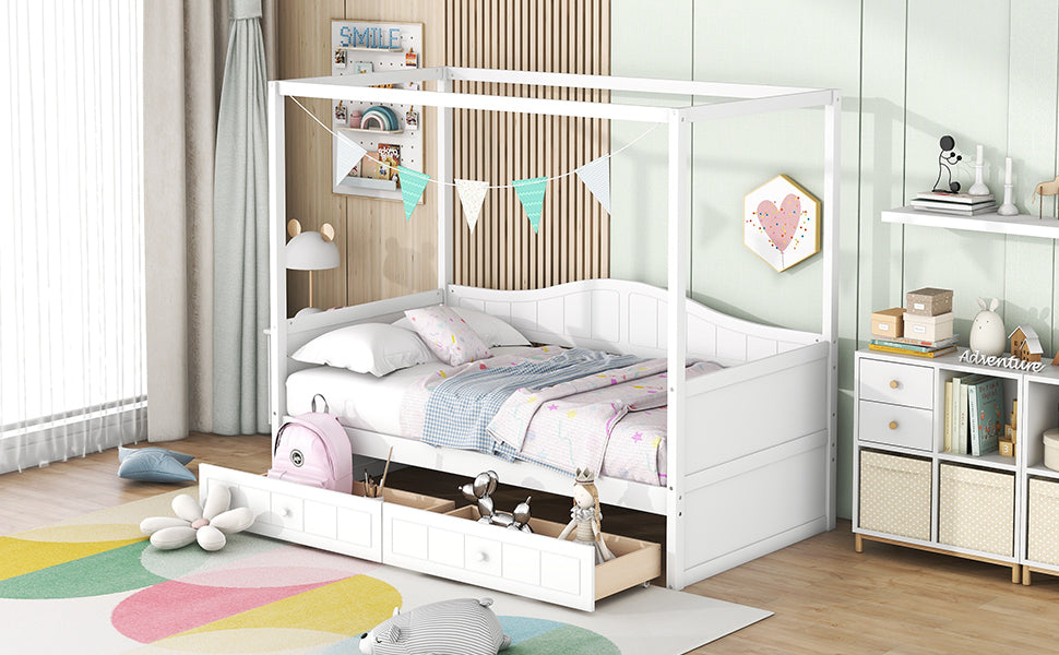Twin Size Canopy Day Bed With 2 Drawers, White White Solid Wood Mdf