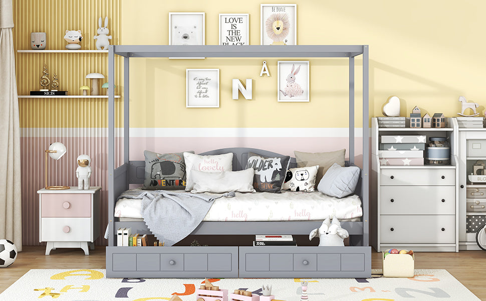 Twin Size Canopy Day Bed With 2 Drawers, Gray Gray Solid Wood Mdf