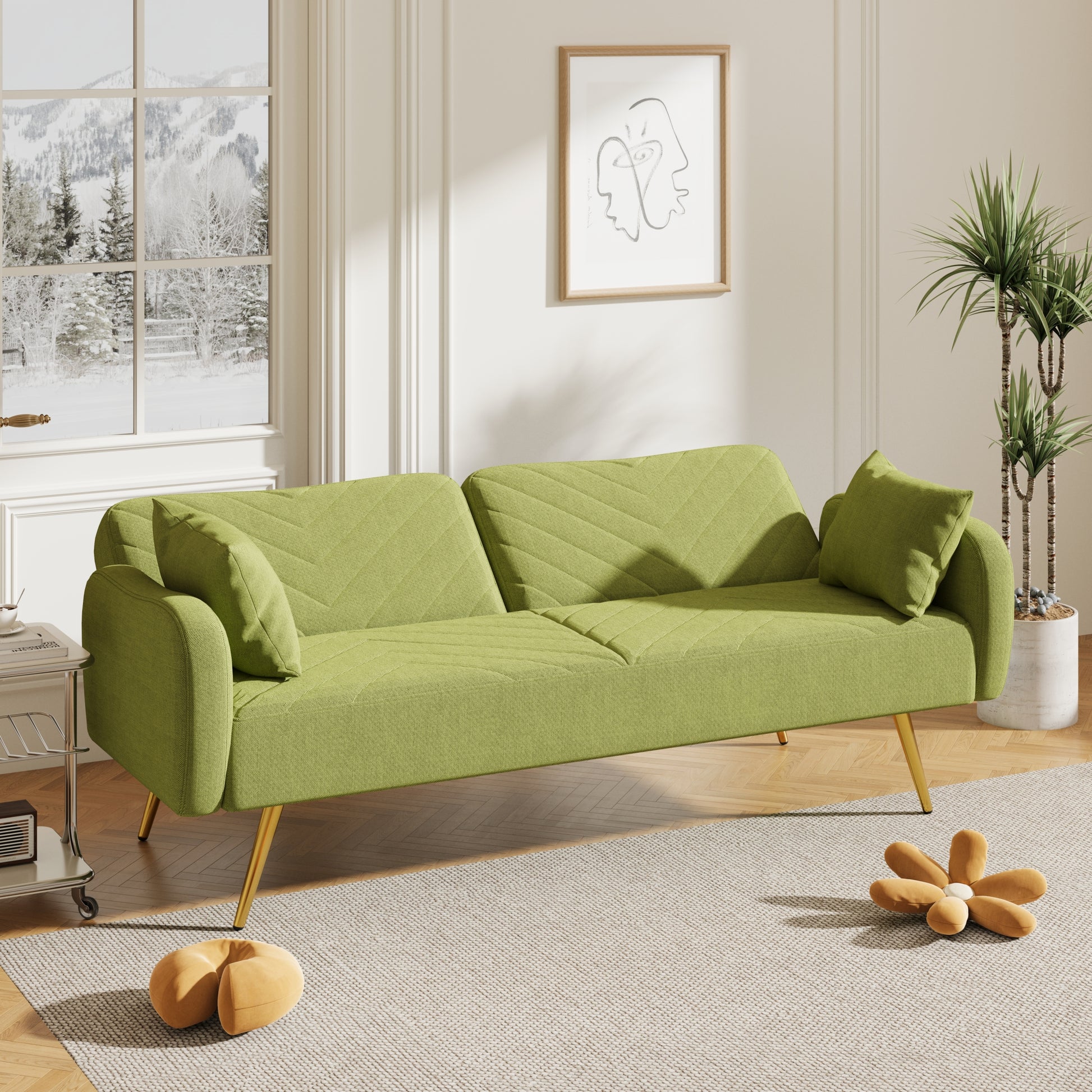 70.47" Green Fabric Double Sofa With Split Backrest And Two Throw Pillows,Suitable For Living Room, Apartment, Home Office Green Wood Primary Living Space Eucalyptus Square Arms Foam Fabric 2 Seat