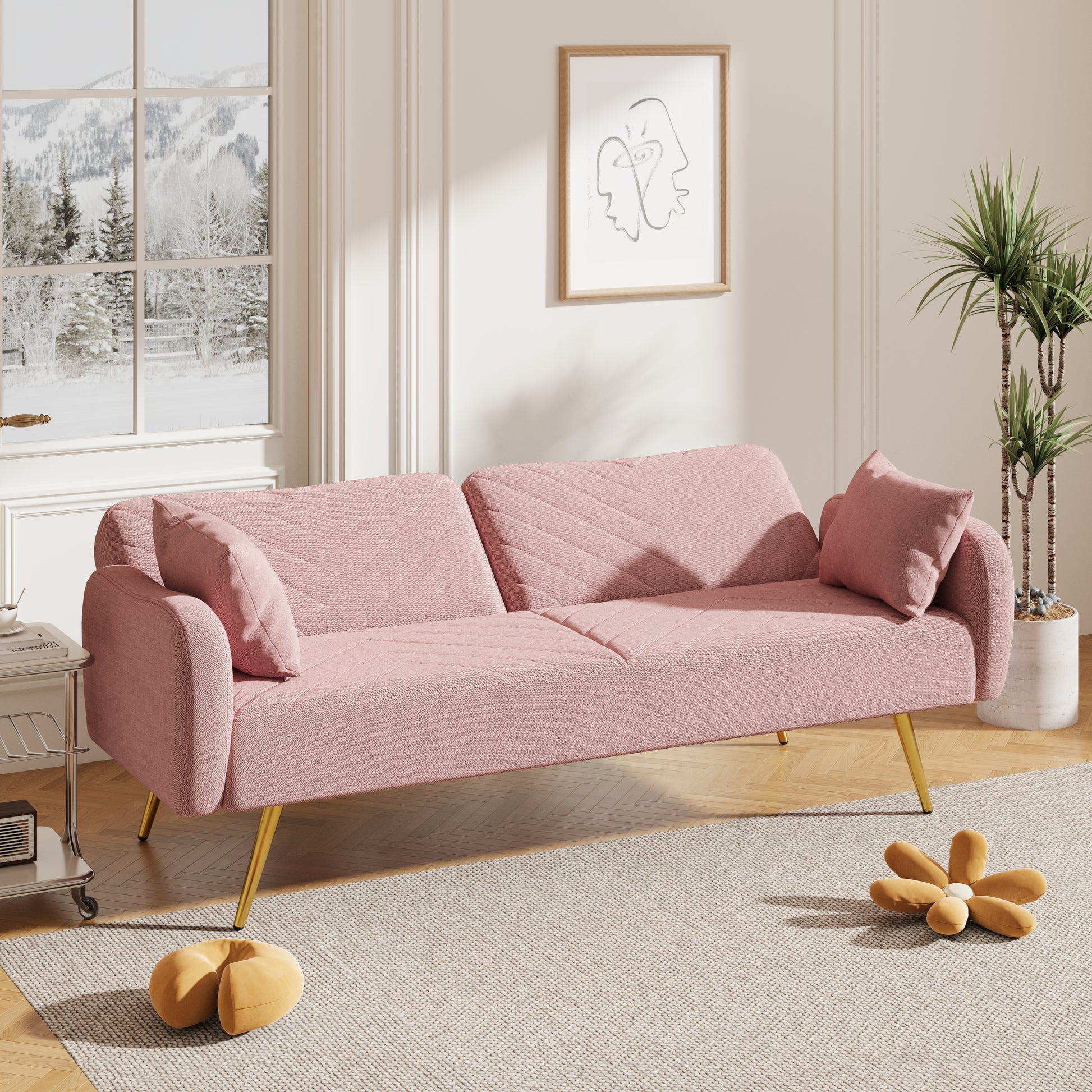 70.47" Pink Fabric Double Sofa With Split Backrest And Two Throw Pillows,Suitable For Living Room, Apartment, Home Office Pink Wood Primary Living Space Eucalyptus Square Arms Foam Fabric 2 Seat