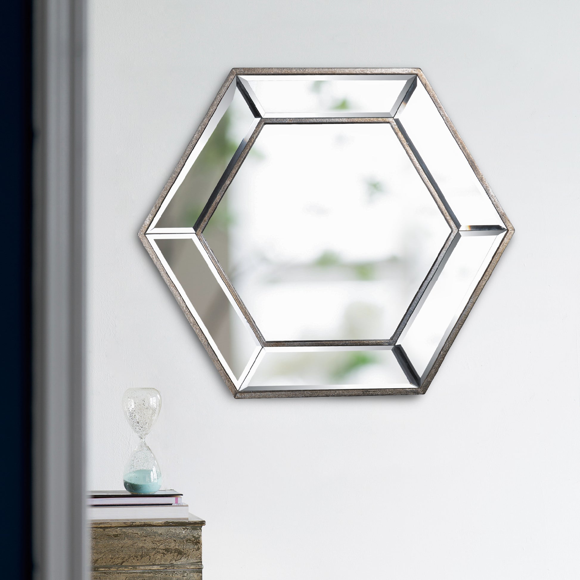 20" X 18" Hexagon Wall Mirror With Contemporary Glass Design, Home Decor Accent Mirror For Living Room, Entryway, Bedroom Silver Mdf Glass