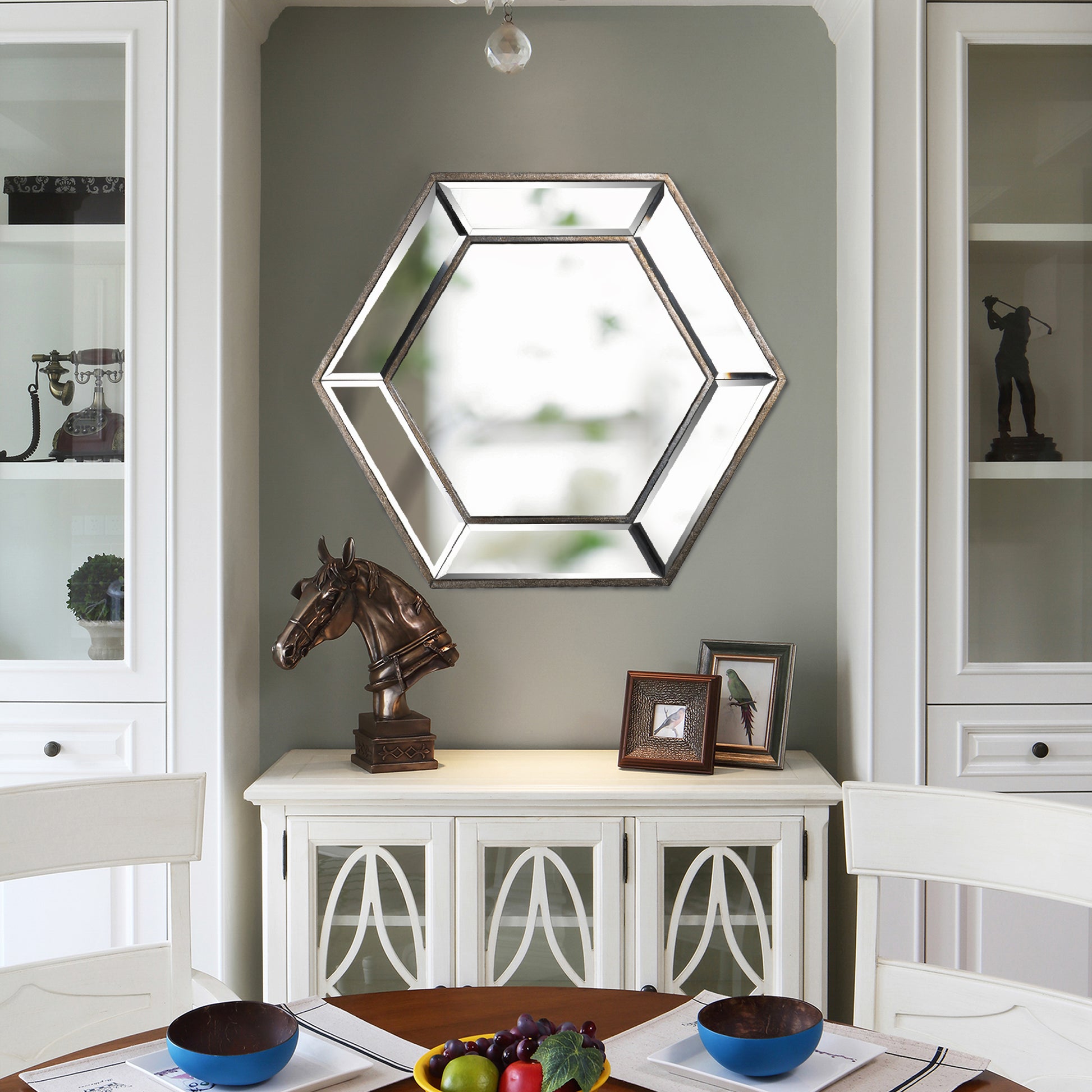 20" X 18" Hexagon Wall Mirror With Contemporary Glass Design, Home Decor Accent Mirror For Living Room, Entryway, Bedroom Silver Mdf Glass
