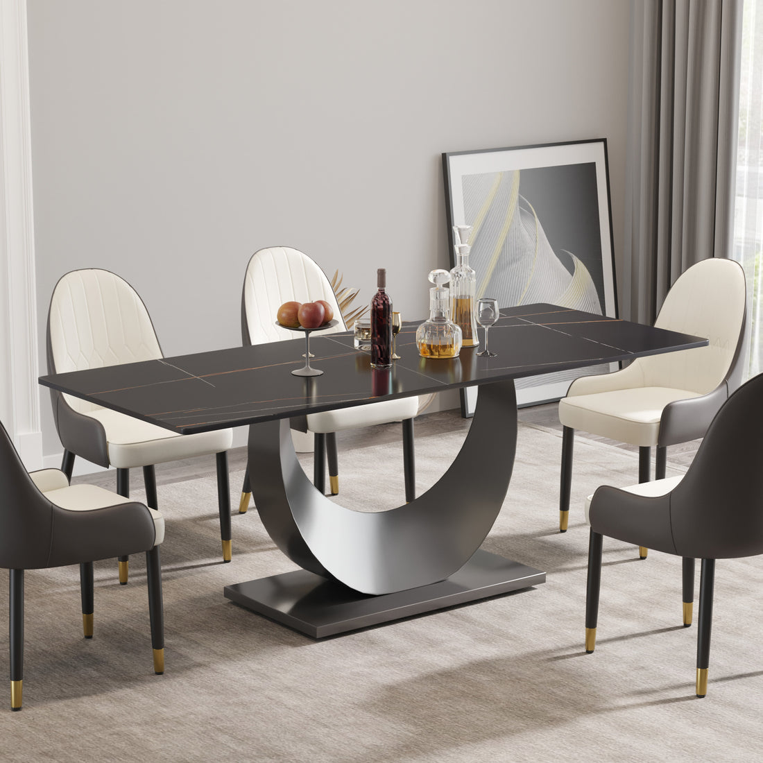 78.74" Modern Artificial Stone Black Crescent Shaped Black Metal Legs Can Accommodate 8 People. Black Metal Sintered Stone