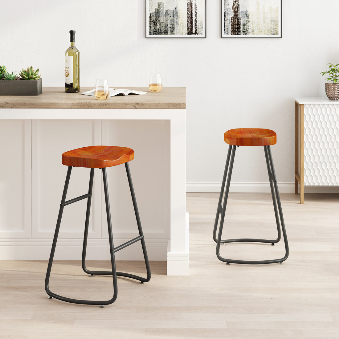 29.52" Stylish And Minimalist Bar Stools Set Of 2, Counter Height Bar Stools, For Kitchen Island, Coffee Shop, Bar, Home Balcony, Brown Brown Bar Stools Metal & Wood