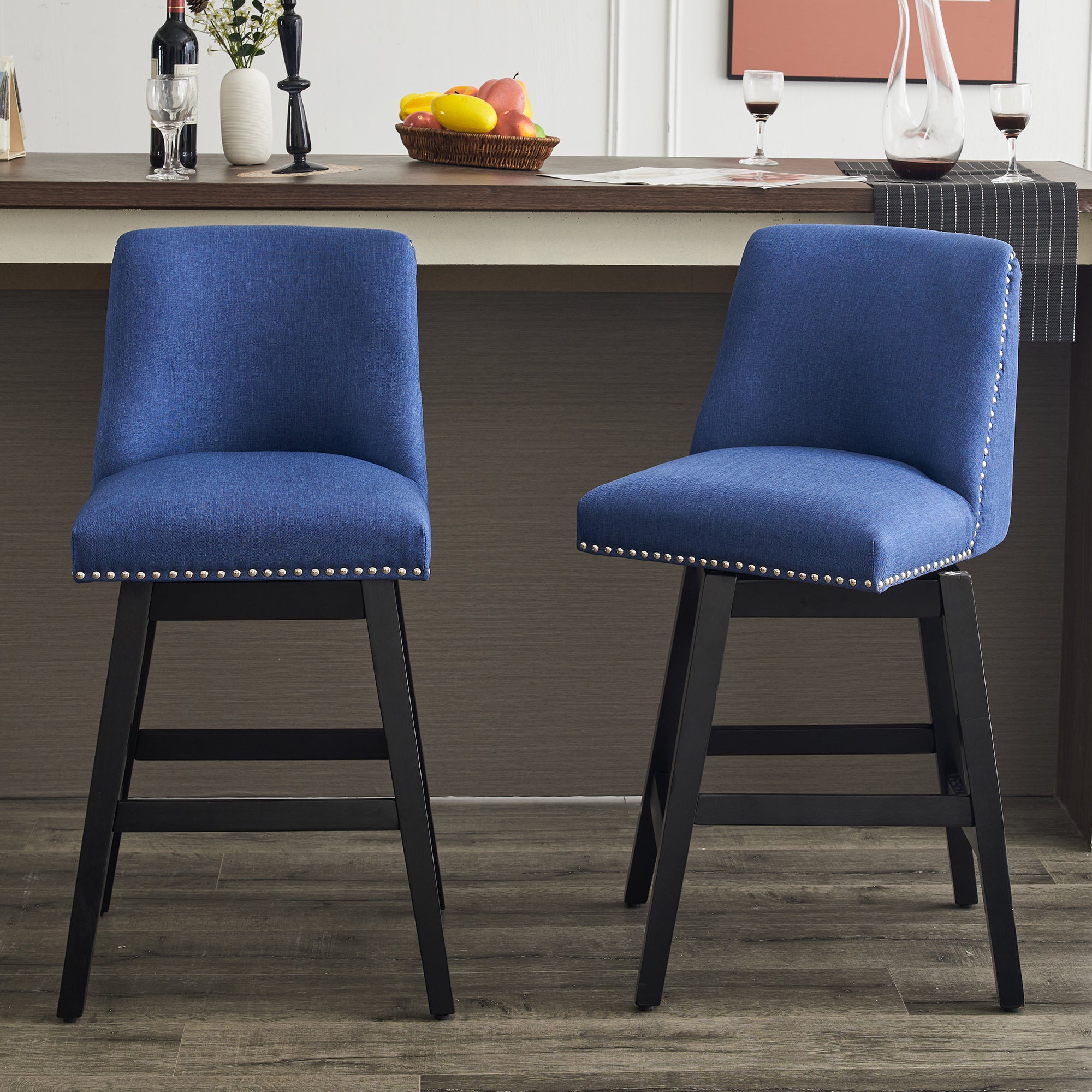26" Upholstered Swivel Bar Stools Set Of 2, Modern Linen Fabric High Back Counter Stools With Nail Head Design And Wood Frame Rubberwood Dark Blue Brown Dining Room Sponge American Traditional Bar Stools Rubberwood Upholstered Fabric