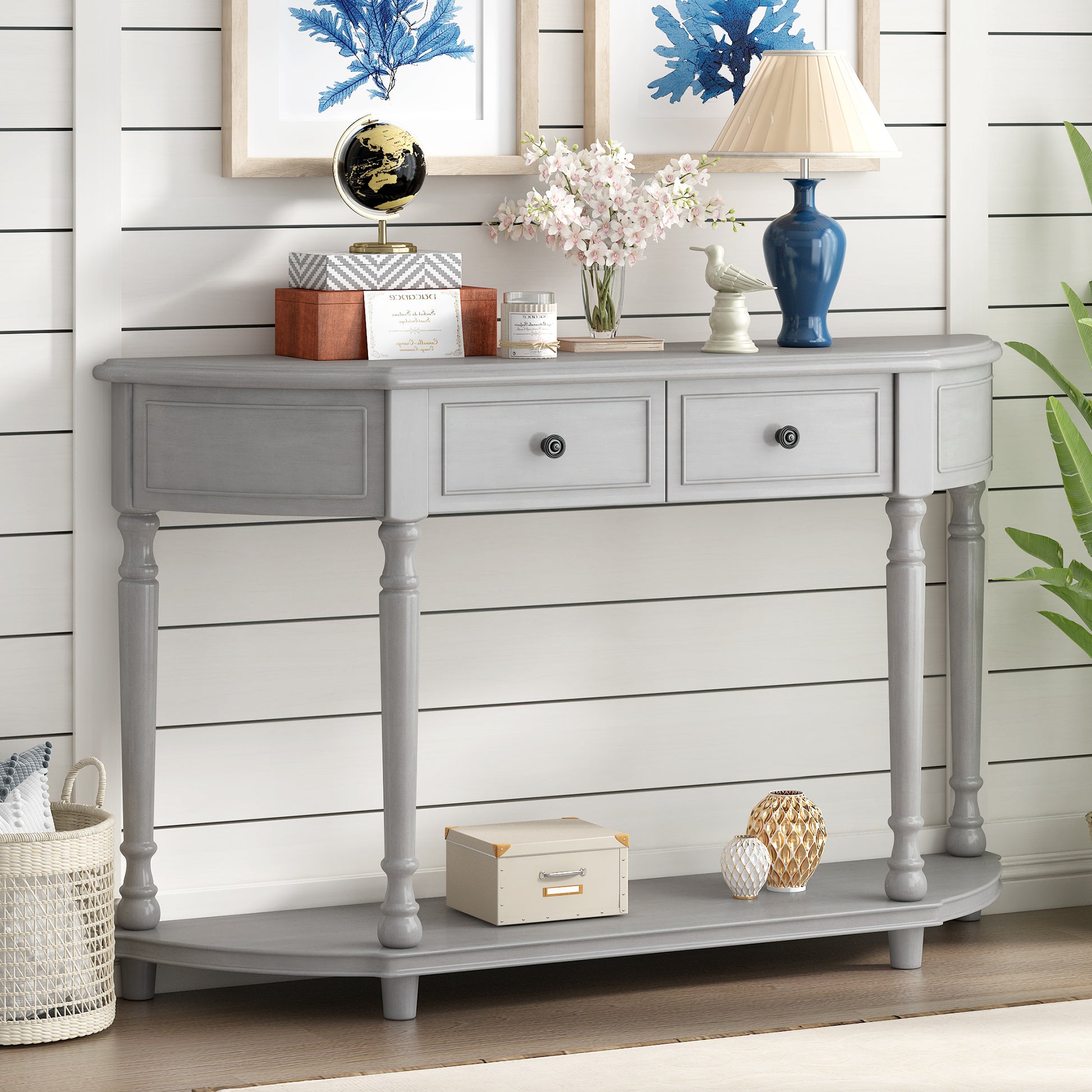 Retro Circular Curved Design Console Table With Open Style Shelf Solid Wooden Frame And Legs Two Top Drawers Gray Wash, Old Sku: Wf298768Aae Gray Wash Solid Wood