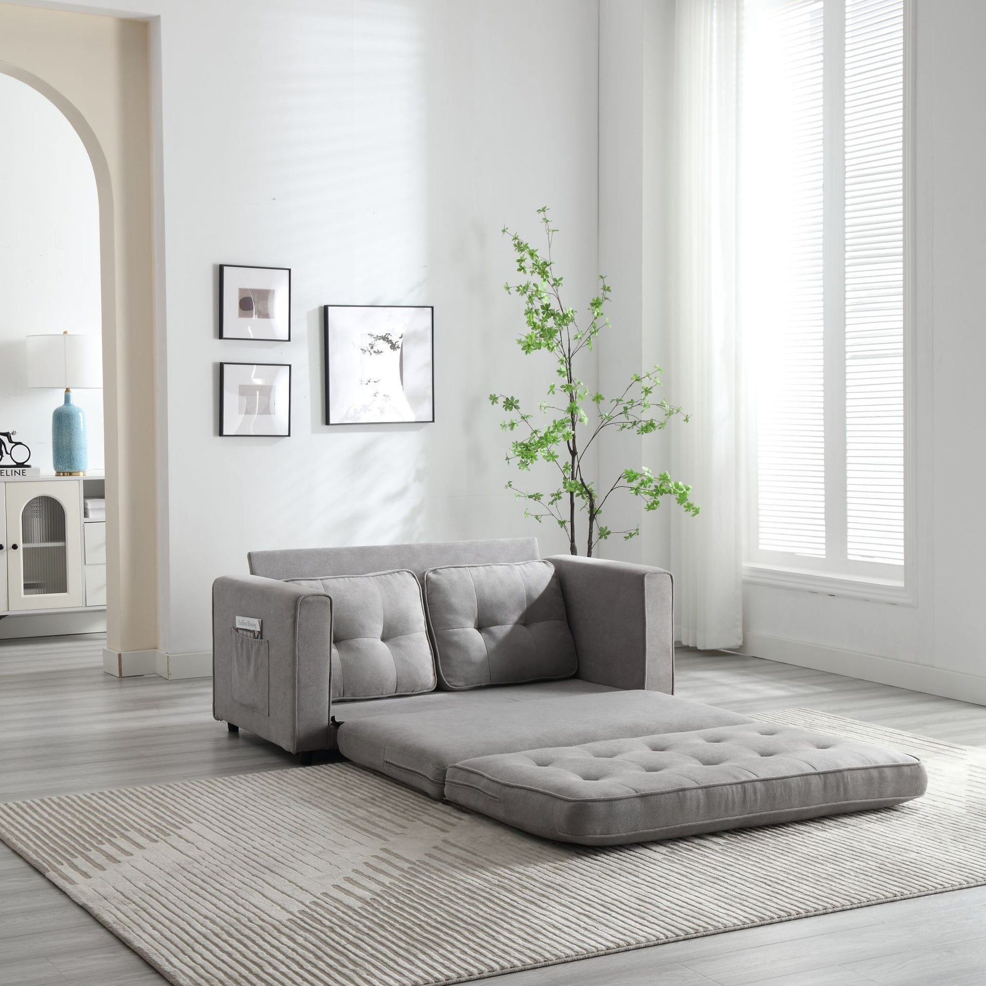 3 Fold Sofa,Convertible Futon Couch Sleeper Sofabed,Space Saving Seat,Pull Out Couch Bed For Living Room,Dark Gray & Light Gray & Beige,Velvet Linen Fabric Light Gray Velvet Wood Primary Living Space Medium Soft Loose Back American Design,Classic,Luxury