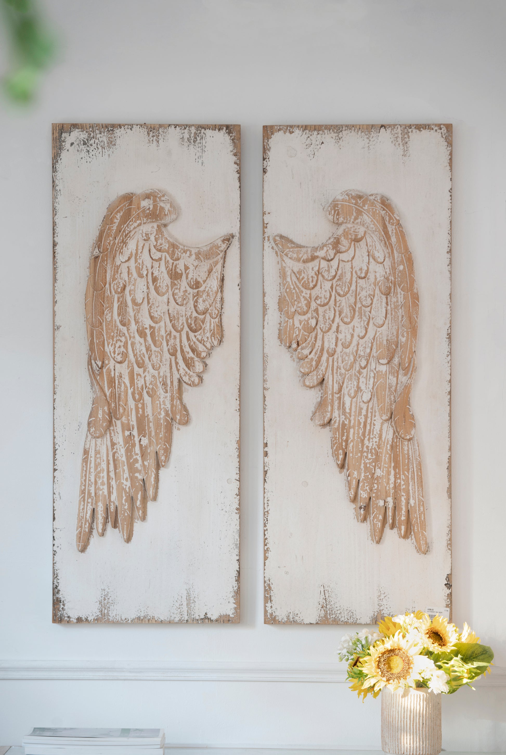 Set Of 2 Feather Wing Wall Panels With Distressed White Finish, Rectangle Hanging Wall Art, 42" X 15.5" Multicolor Wood