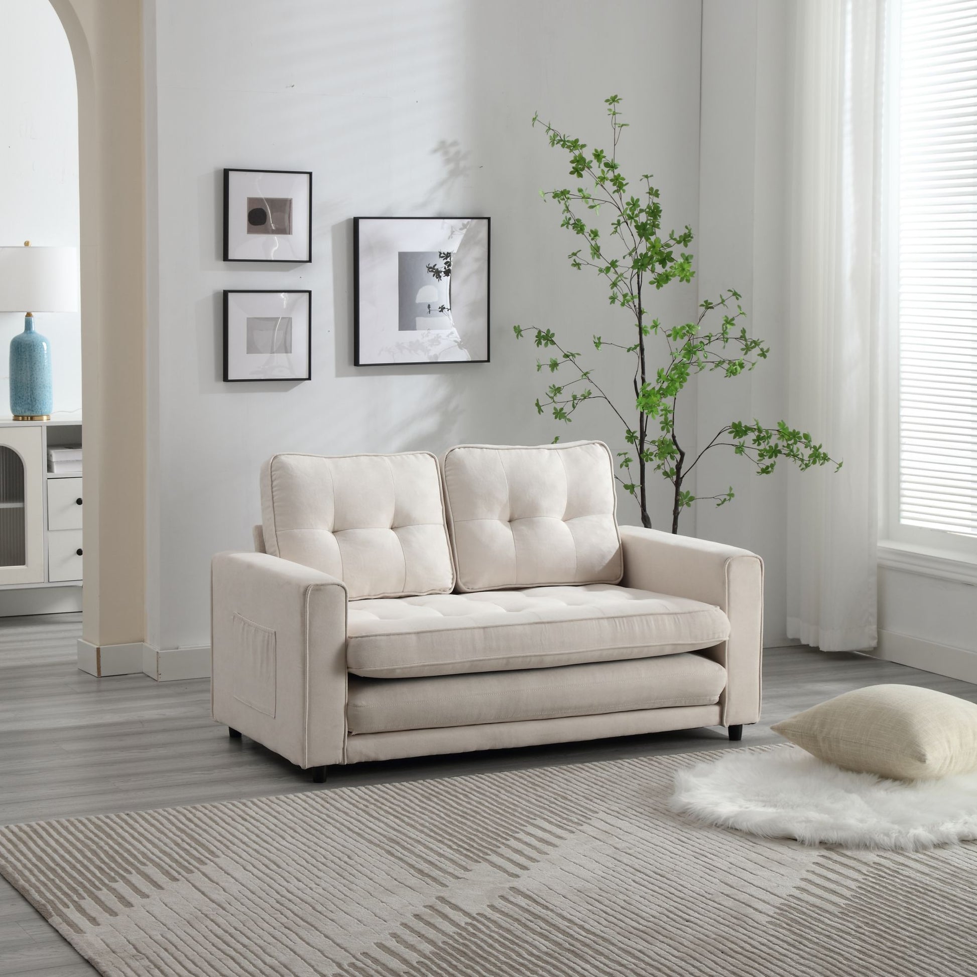 3 Fold Sofa,Convertible Futon Couch Sleeper Sofabed,Space Saving Seat,Pull Out Couch Bed For Living Room,Dark Gray & Light Gray & Beige,Velvet Linen Fabric Beige Velvet Wood Primary Living Space Medium Soft Loose Back Modern Square Arms Velvet 2 Seat