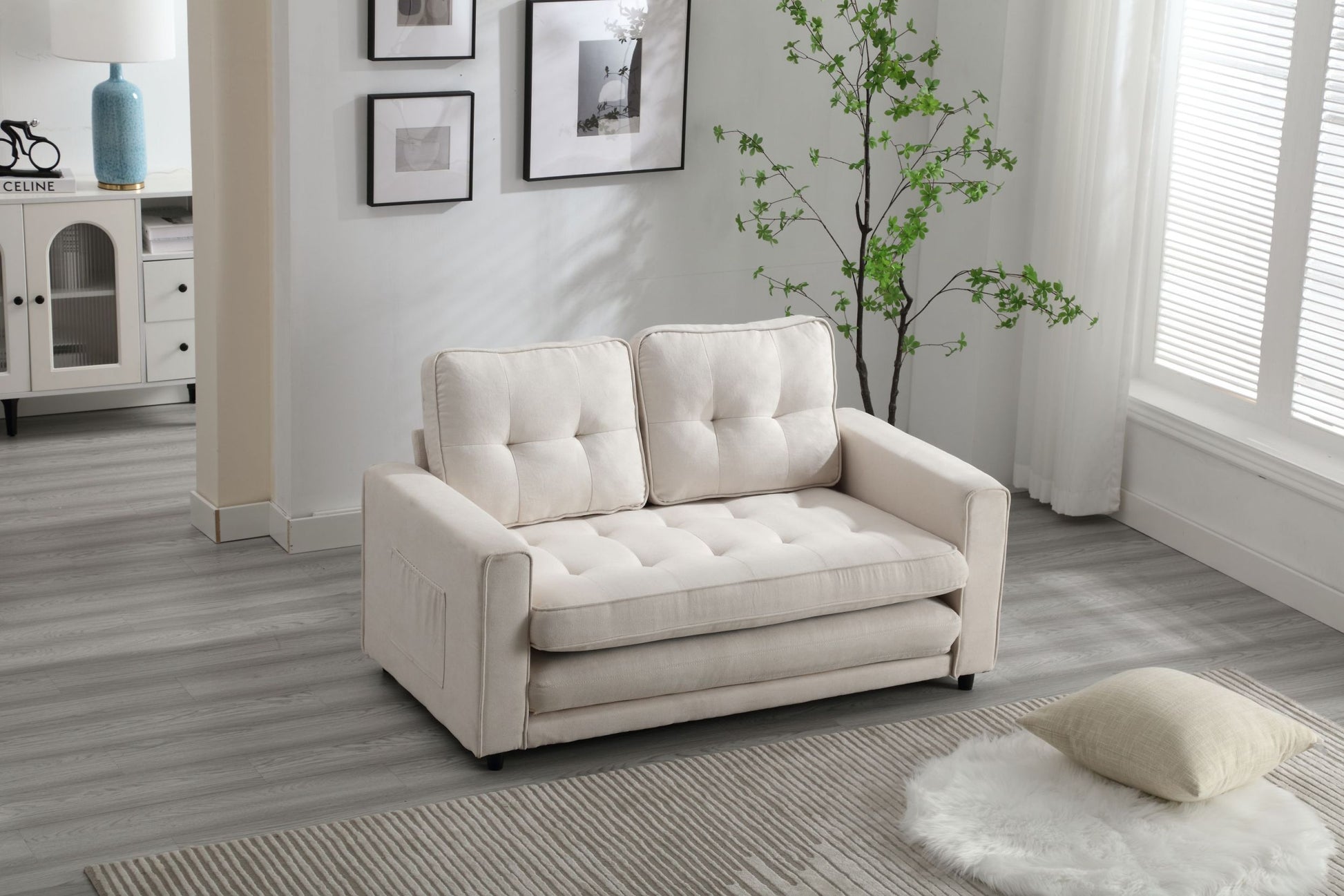 3 Fold Sofa,Convertible Futon Couch Sleeper Sofabed,Space Saving Seat,Pull Out Couch Bed For Living Room,Dark Gray & Light Gray & Beige,Velvet Linen Fabric Beige Velvet Wood Primary Living Space Medium Soft Loose Back Modern Square Arms Velvet 2 Seat