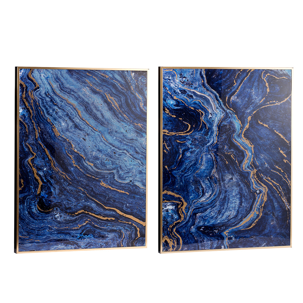 Set Of 2 Blue And Gold Framed Art Panels, Unique Marbled Design, 30.5" X 40" Blue Mdf