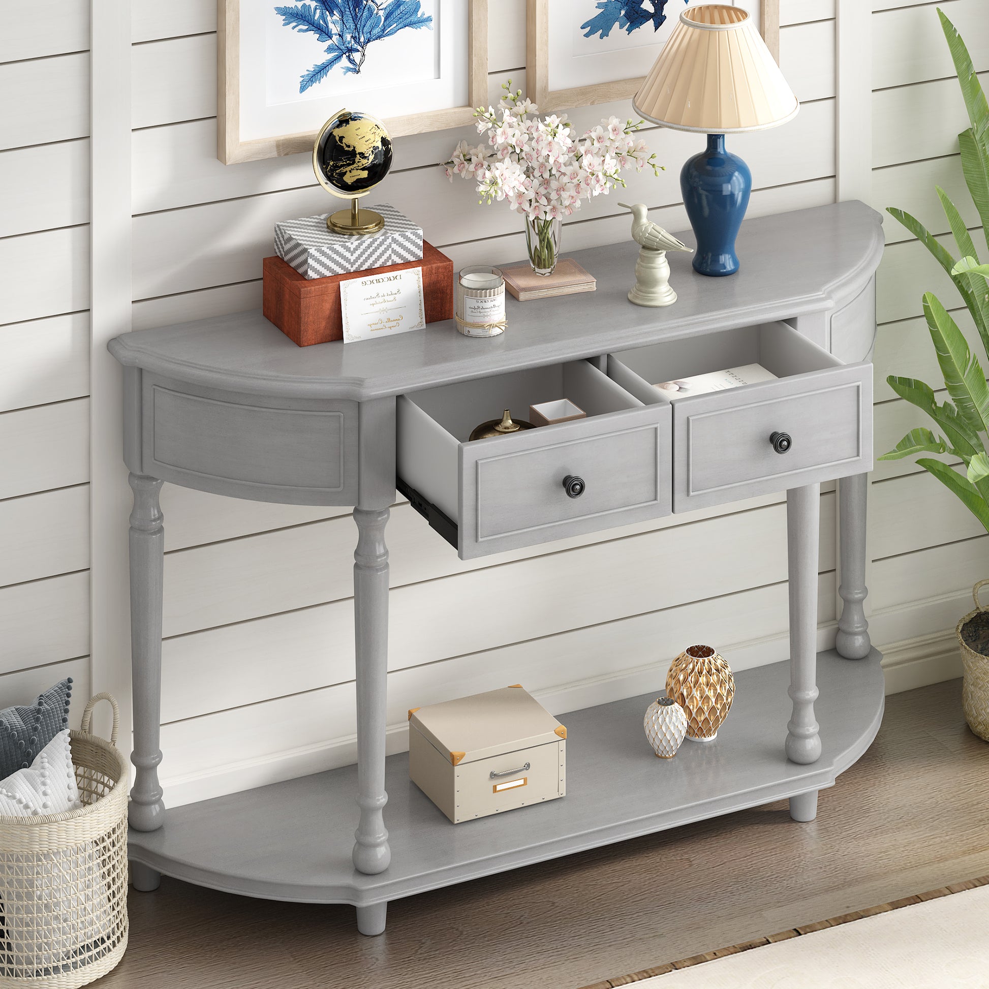 Retro Circular Curved Design Console Table With Open Style Shelf Solid Wooden Frame And Legs Two Top Drawers Gray Wash, Old Sku: Wf298768Aae Gray Wash Solid Wood