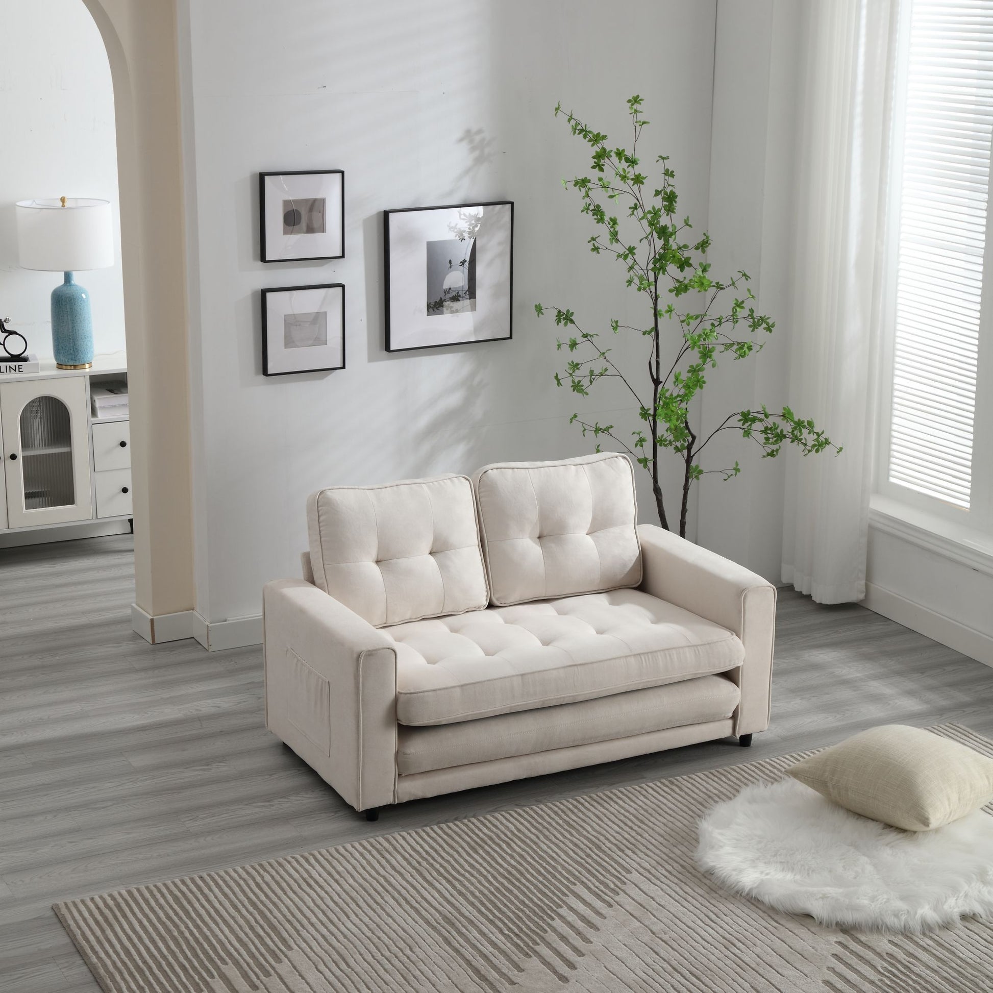 3 Fold Sofa,Convertible Futon Couch Sleeper Sofabed,Space Saving Seat,Pull Out Couch Bed For Living Room,Dark Gray & Light Gray & Beige,Velvet Linen Fabric Beige Velvet Wood Primary Living Space Medium Soft Loose Back Modern Square Arms Velvet 2 Seat