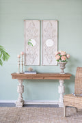 Set Of 2 Large Wooden Wall Art Panels With Distressed White Finish And Round Mirror Accents,17