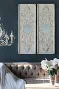 Set Of 2 Large Wooden Wall Art Panels With Distressed White Finish And Round Mirror Accents,17